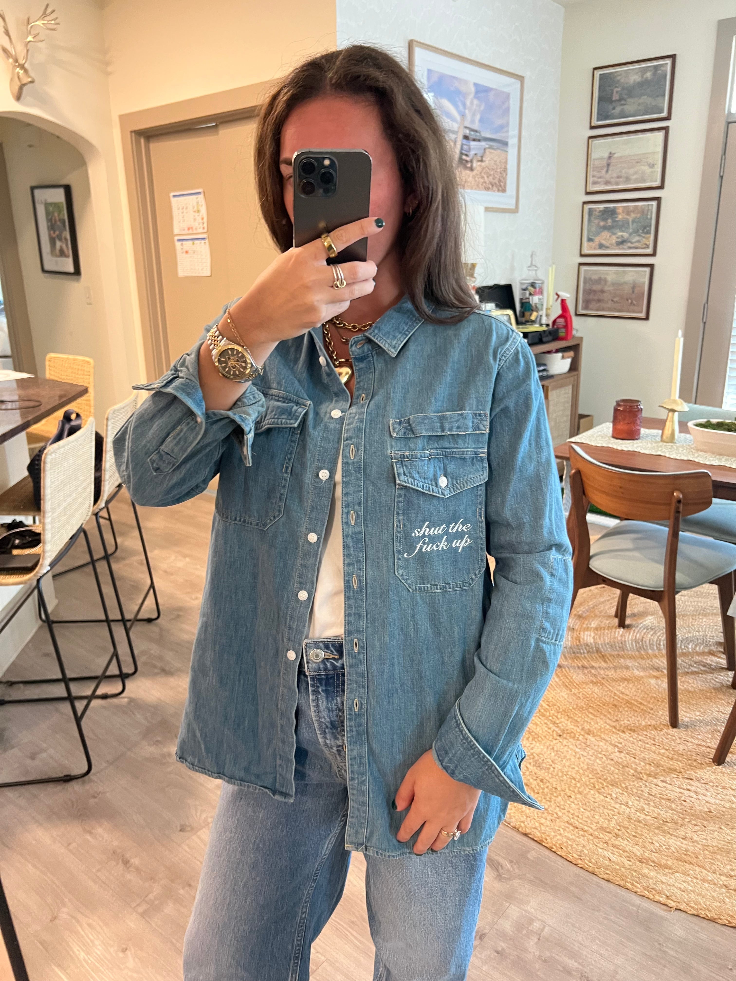 STFU Button Down - Denim & White - Size S