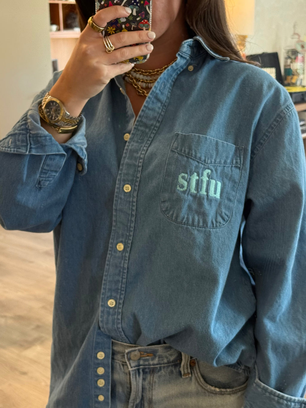STFU Button Down - Denim & Blue
