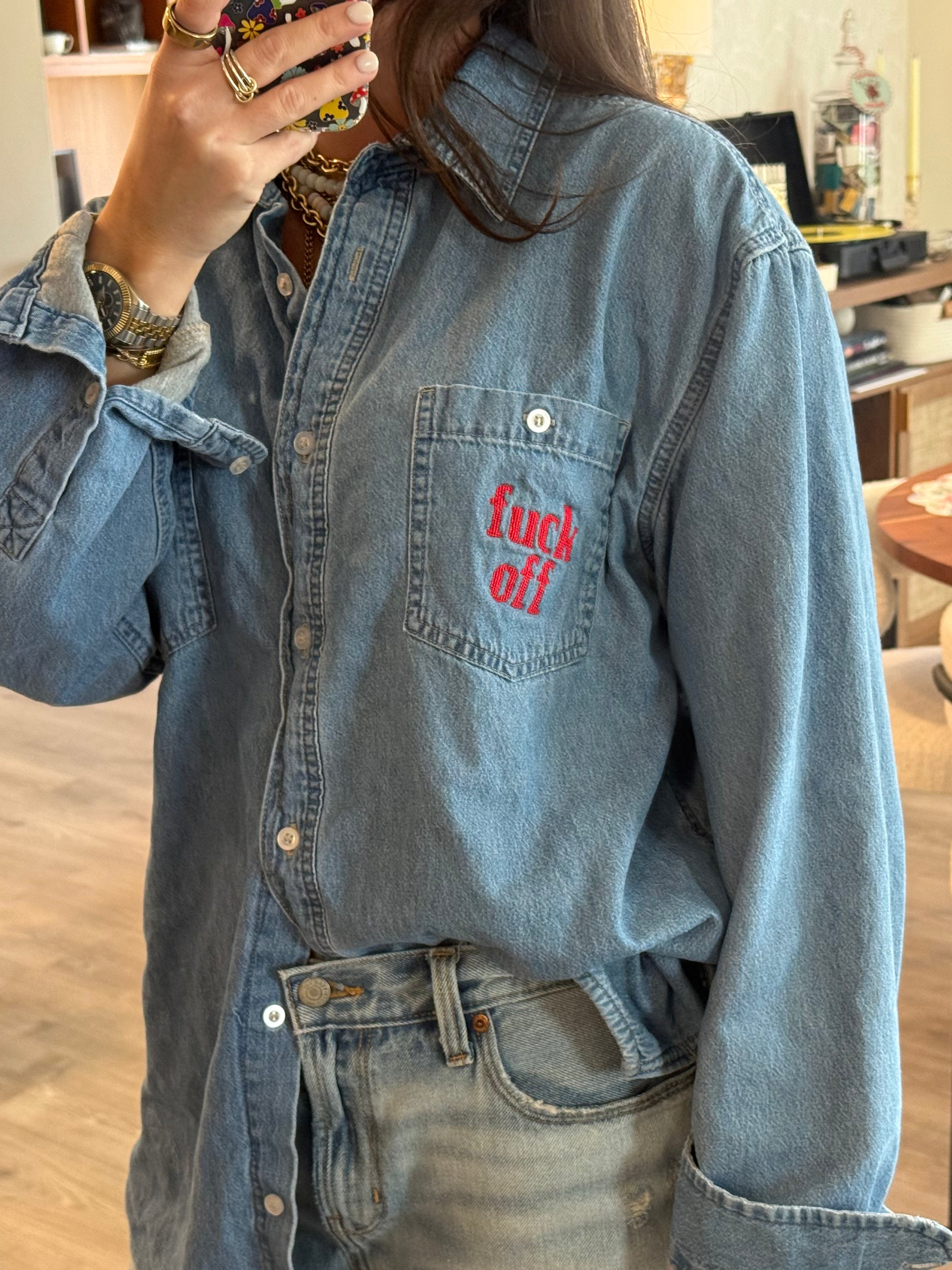 Fuck Off Button Down - Denim & Red