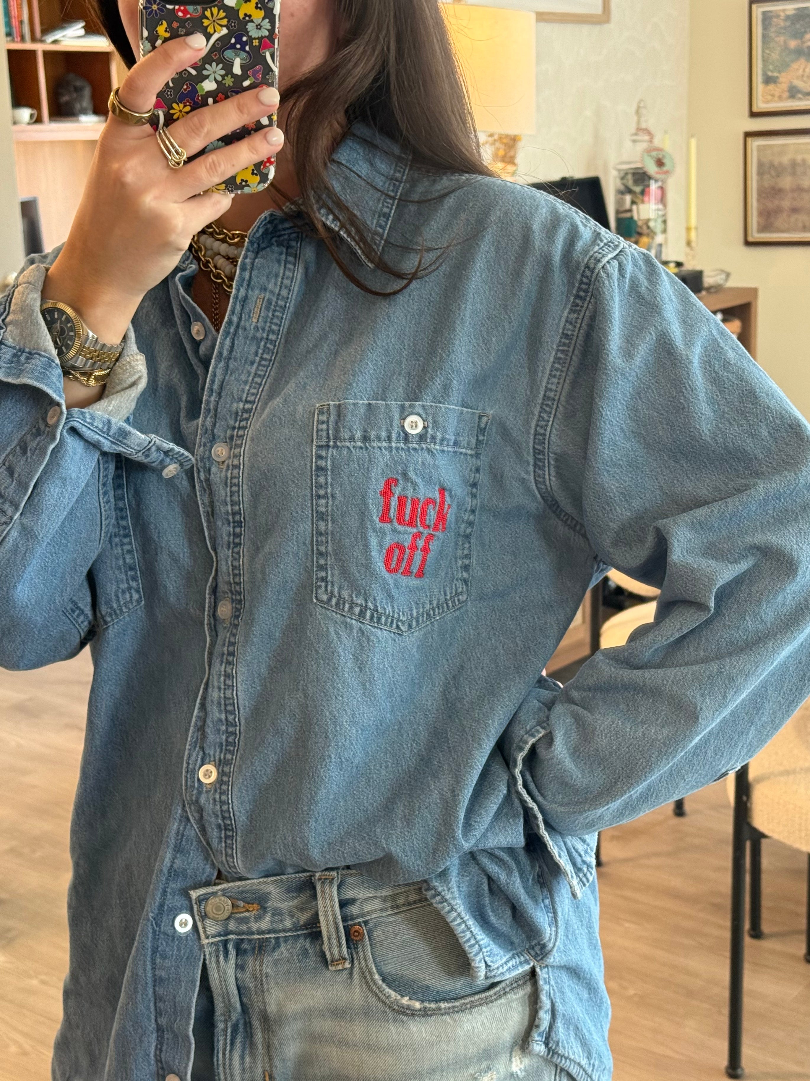 Fuck Off Button Down - Denim & Red