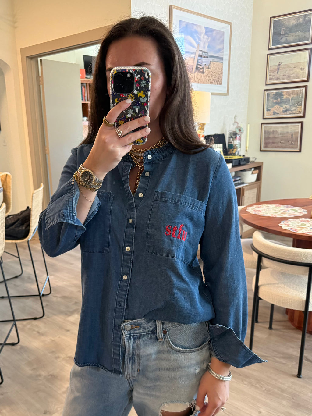 STFU Button Down - Denim & Red