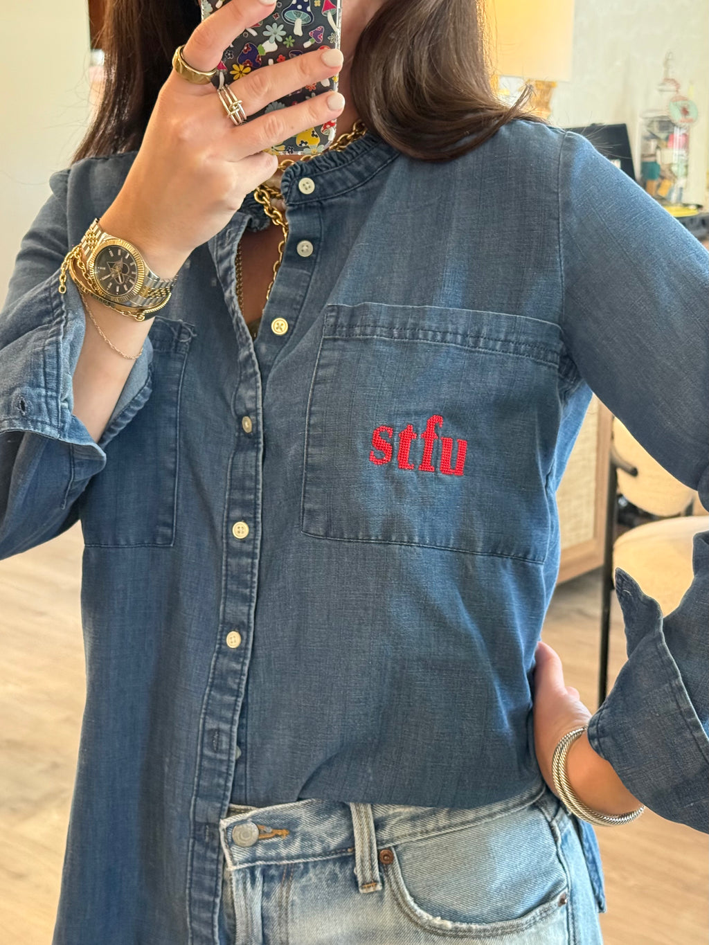 STFU Button Down - Denim & Red