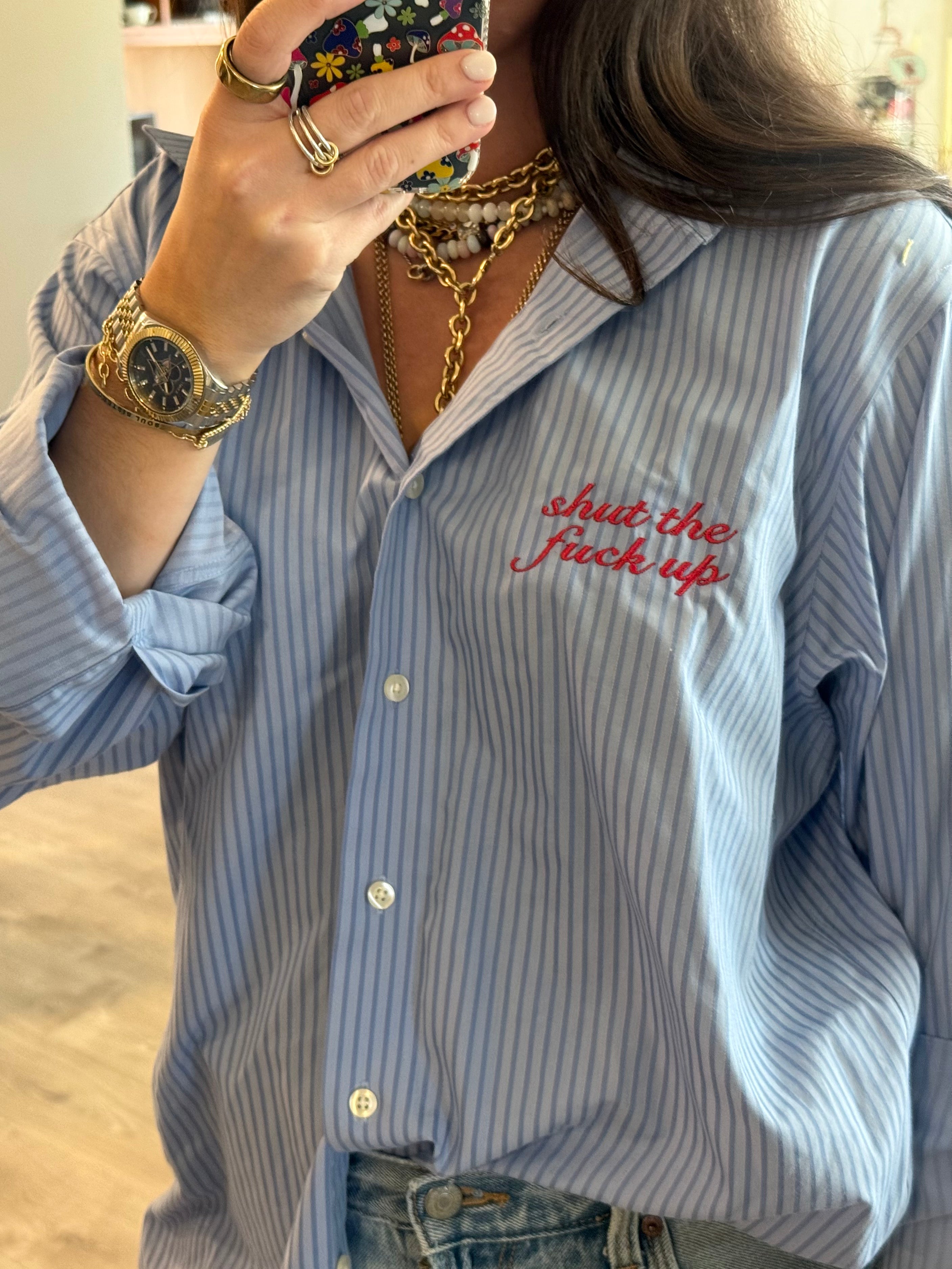 Shut The Fuck Up Button Down - Blue Stripe & Red