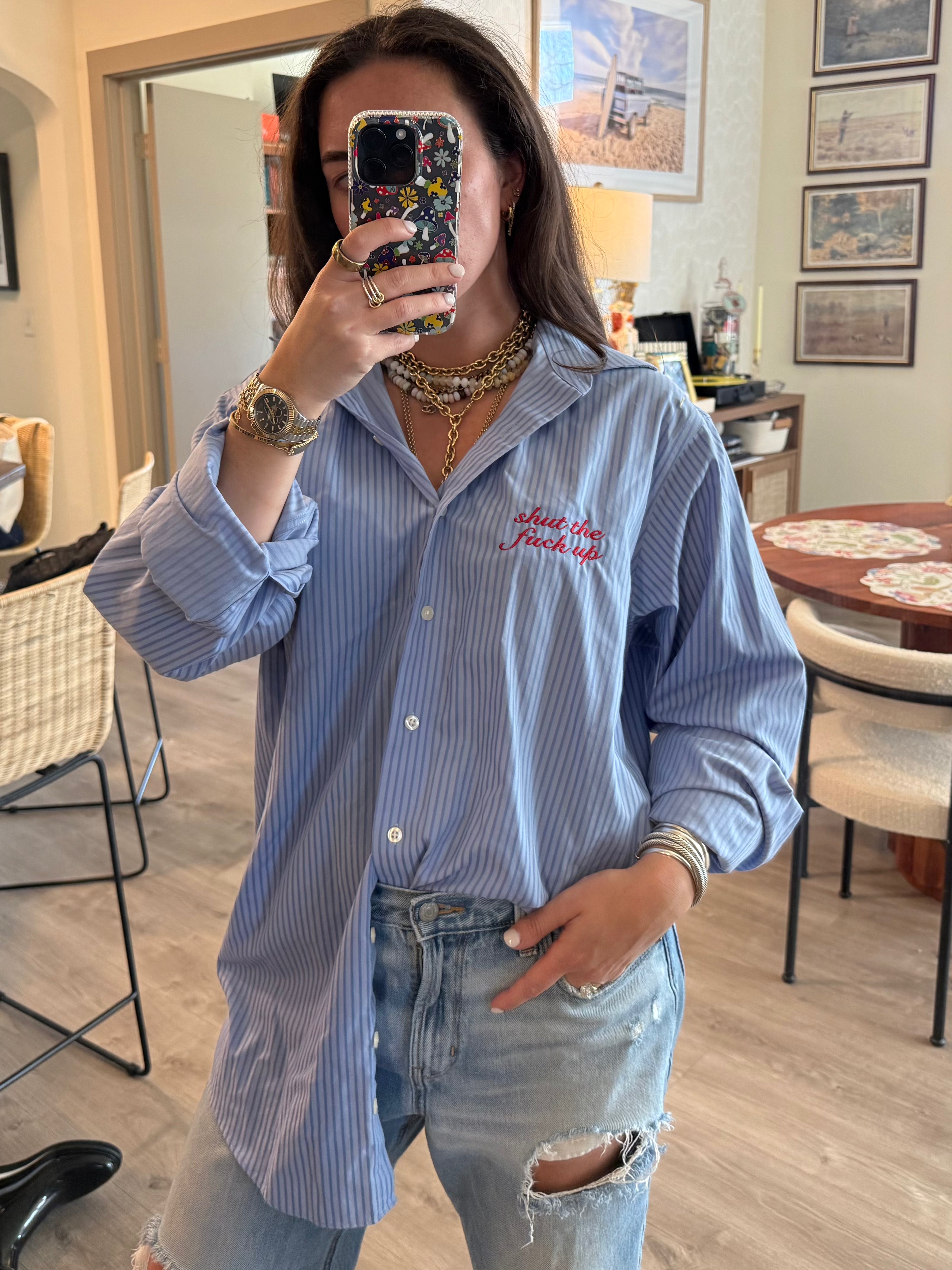 Shut The Fuck Up Button Down - Blue Stripe & Red