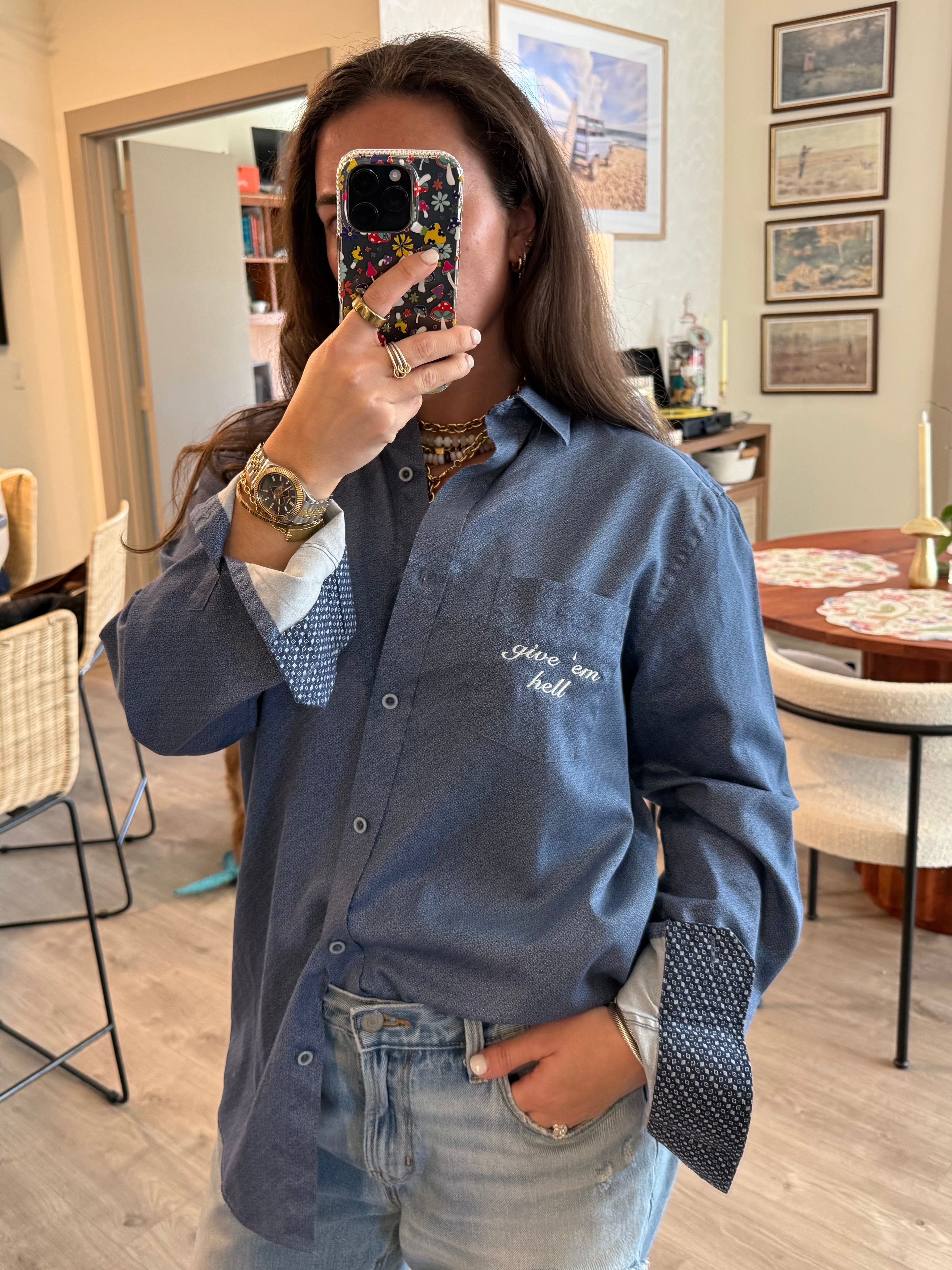 Give 'Em Hell Button Down - Blue & White