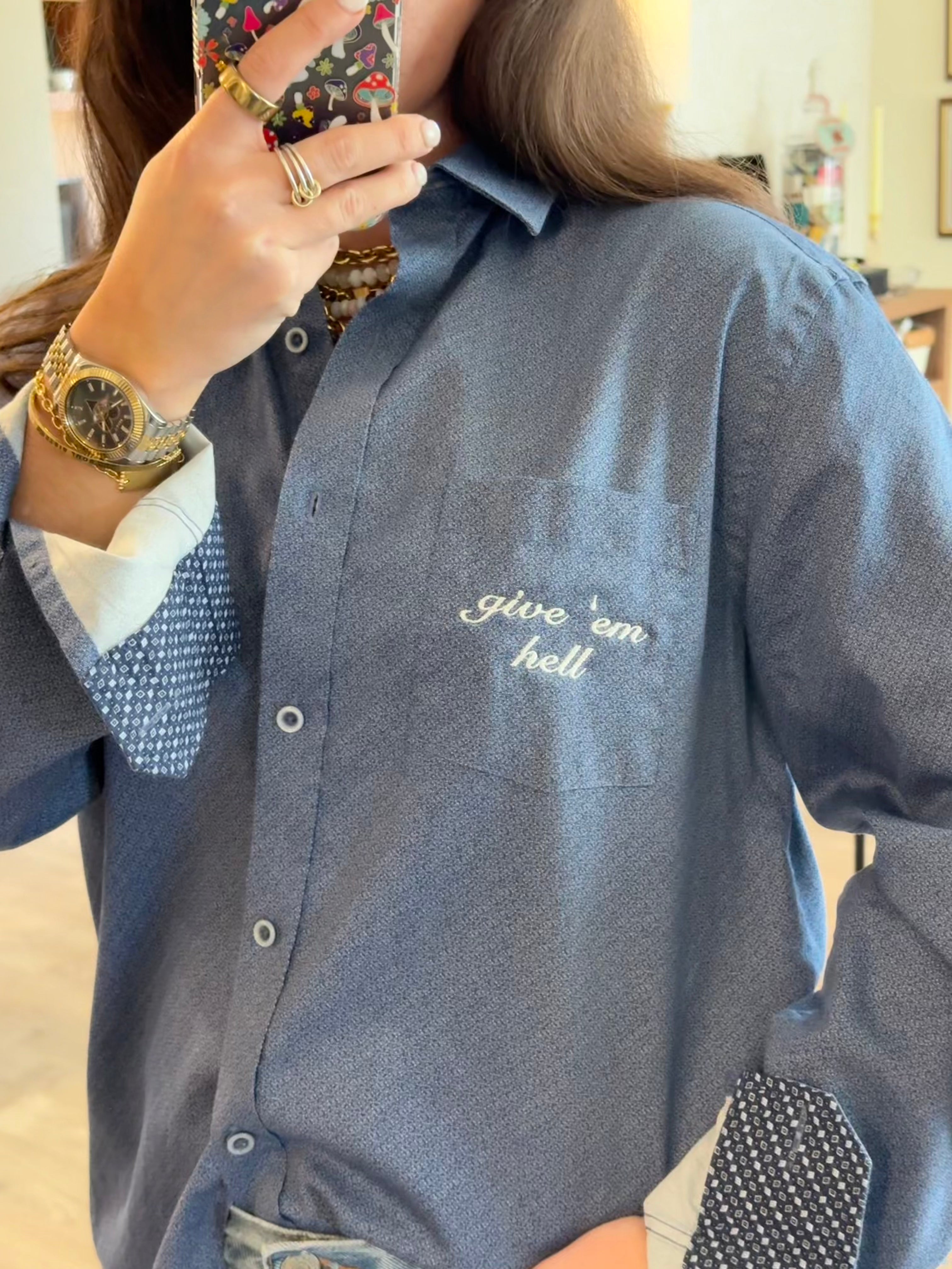 Give 'Em Hell Button Down - Blue & White