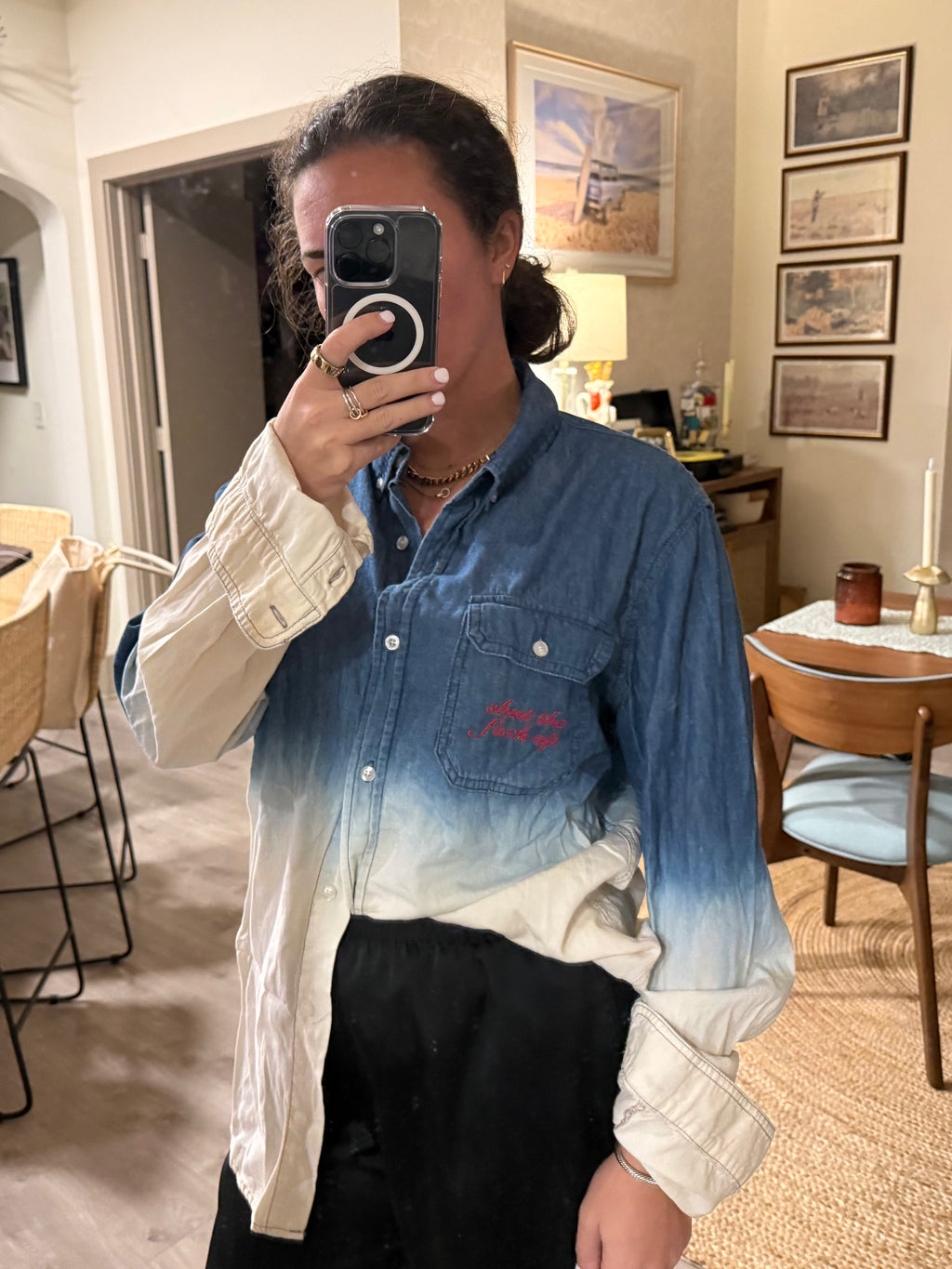 STFU Button Down - Denim Ombre & Red