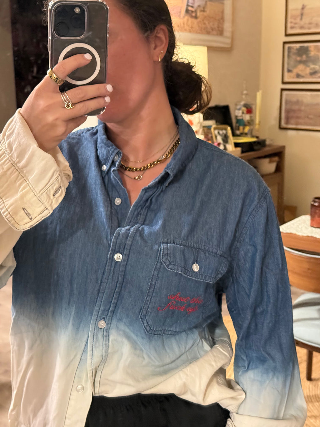 STFU Button Down - Denim Ombre & Red