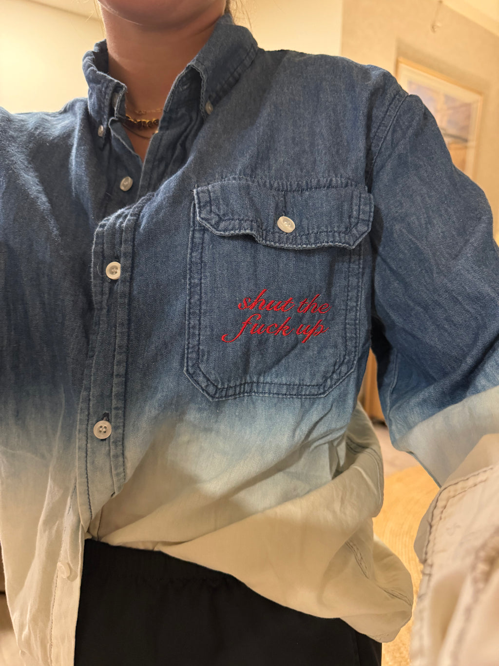 STFU Button Down - Denim Ombre & Red