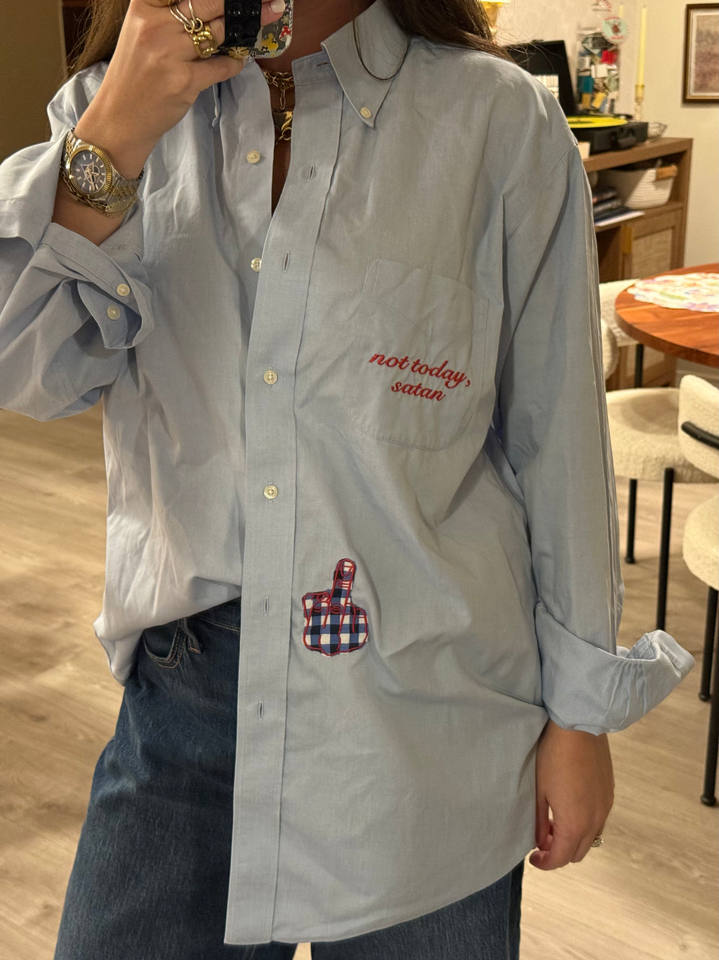 'not today, satan' Button Down - Size L