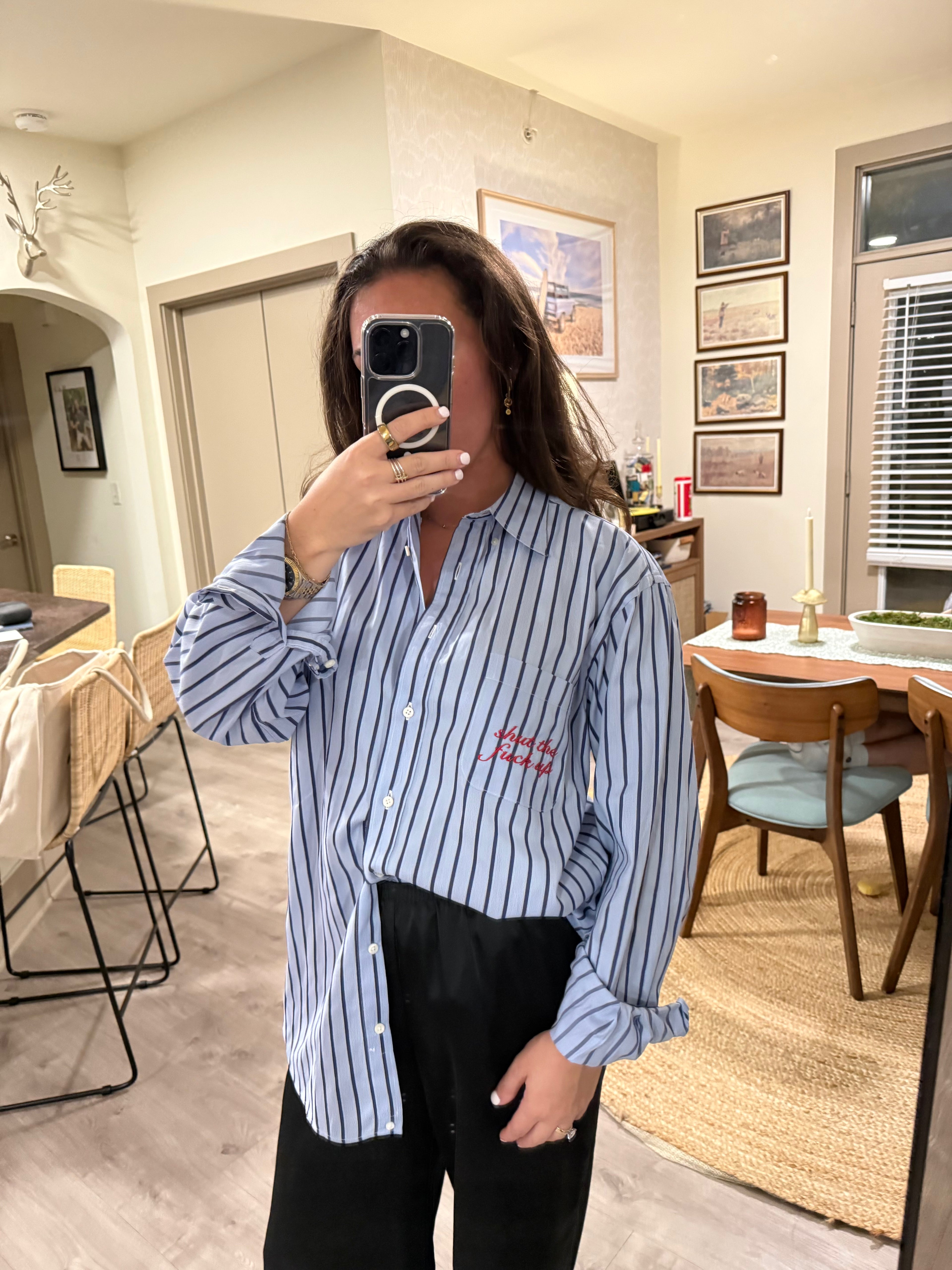 STFU Button Down - Blue Stripes & Red - Size XL