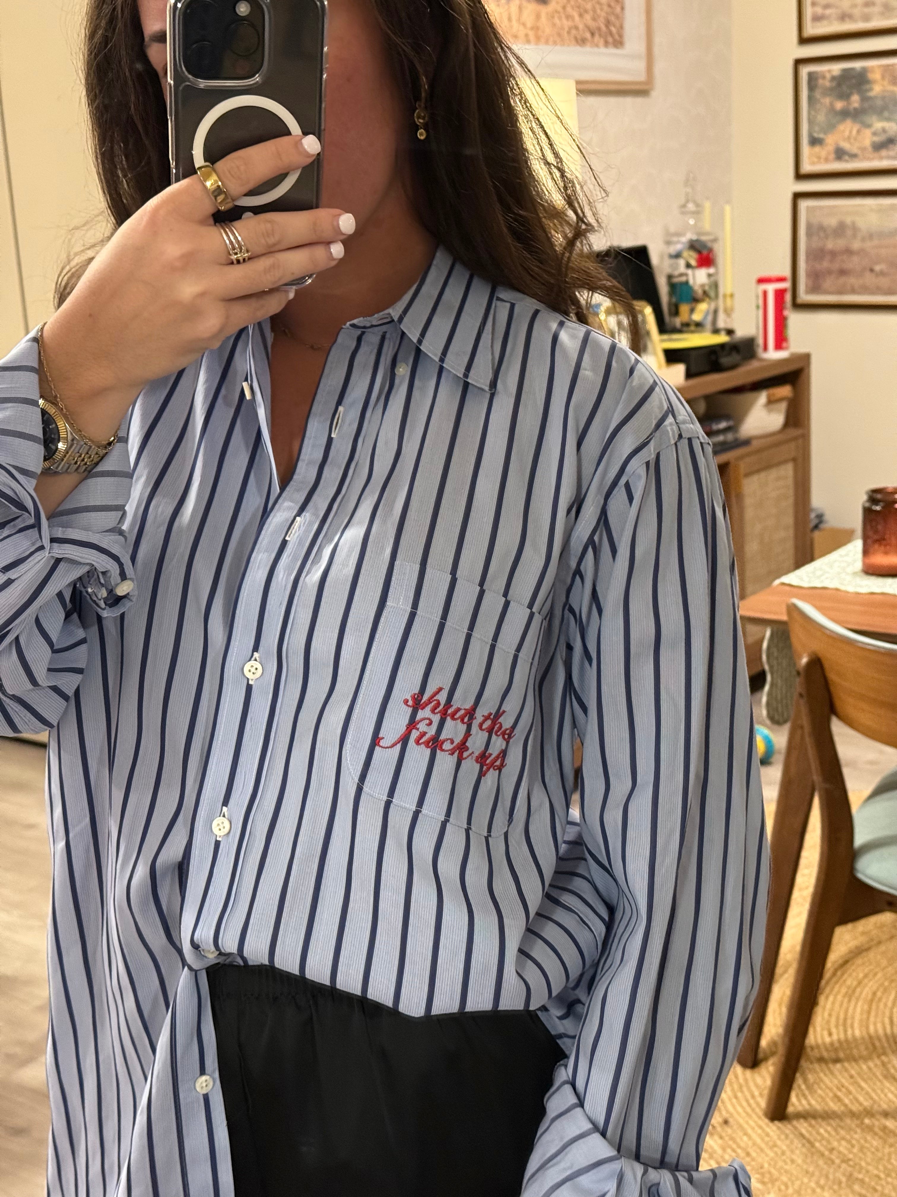 STFU Button Down - Blue Stripes & Red - Size XL