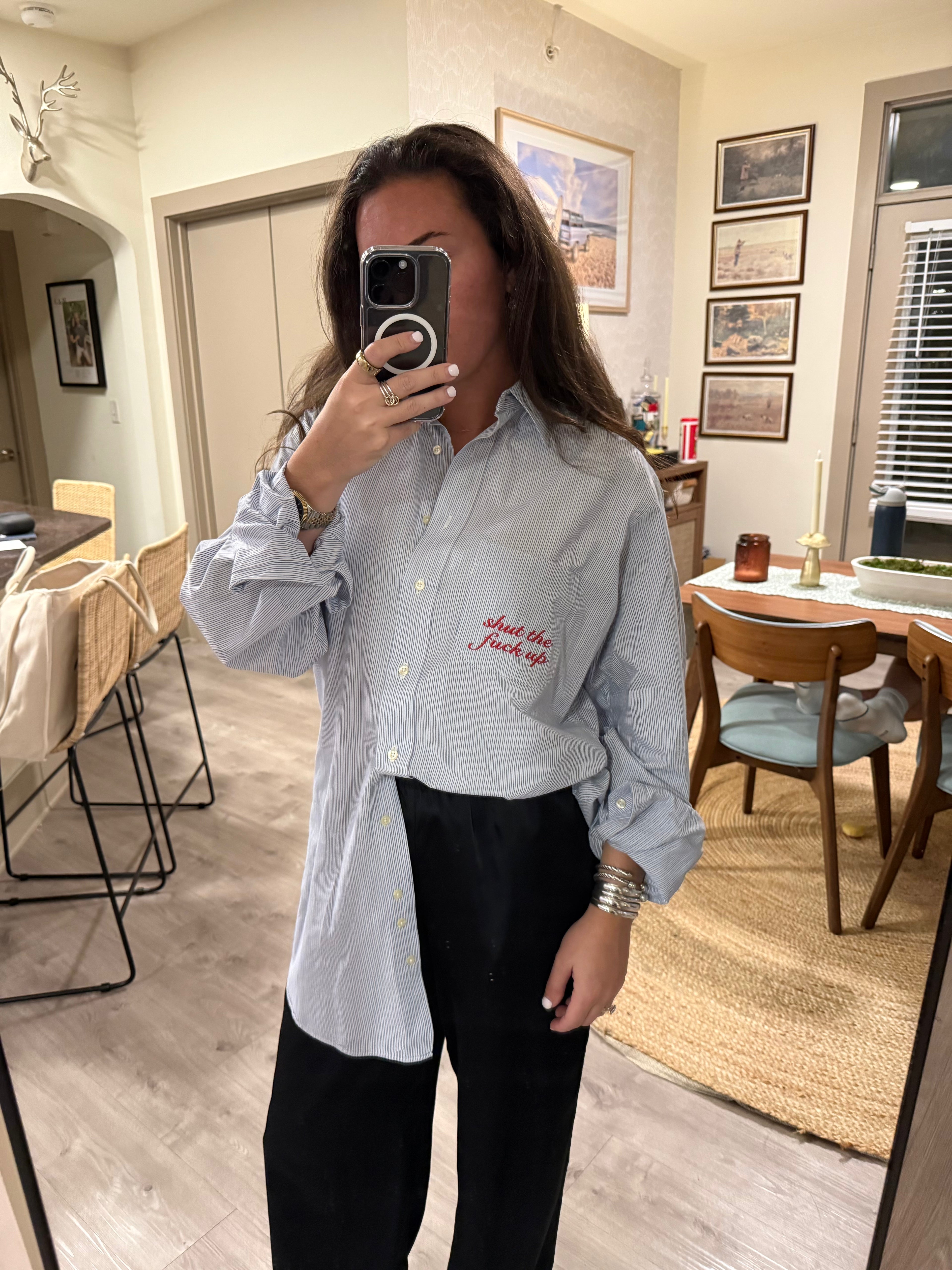 STFU Button Down - Blue Stripes & Red - Size 2XL