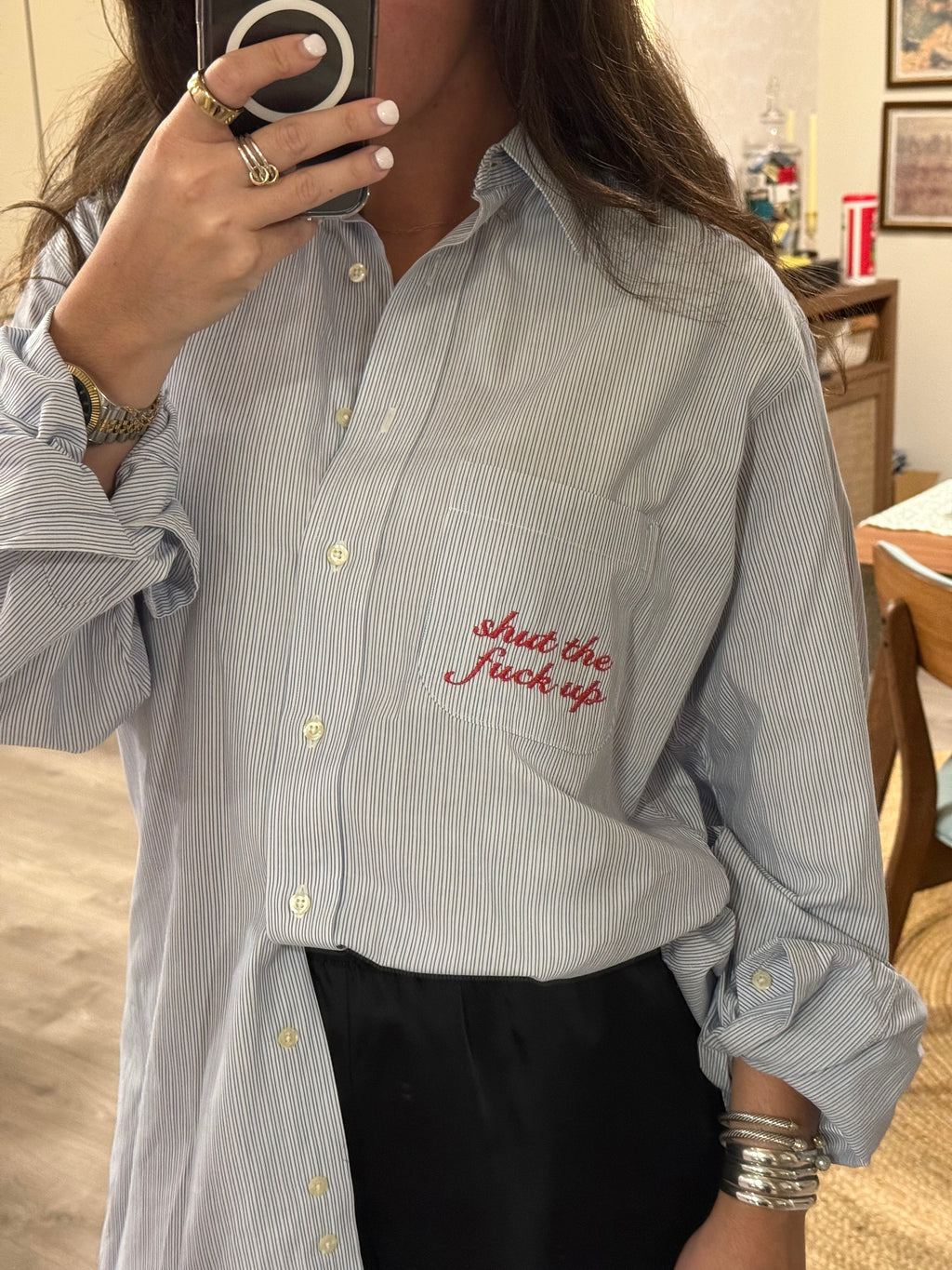 STFU Button Down - Blue Stripes & Red - Size 2XL