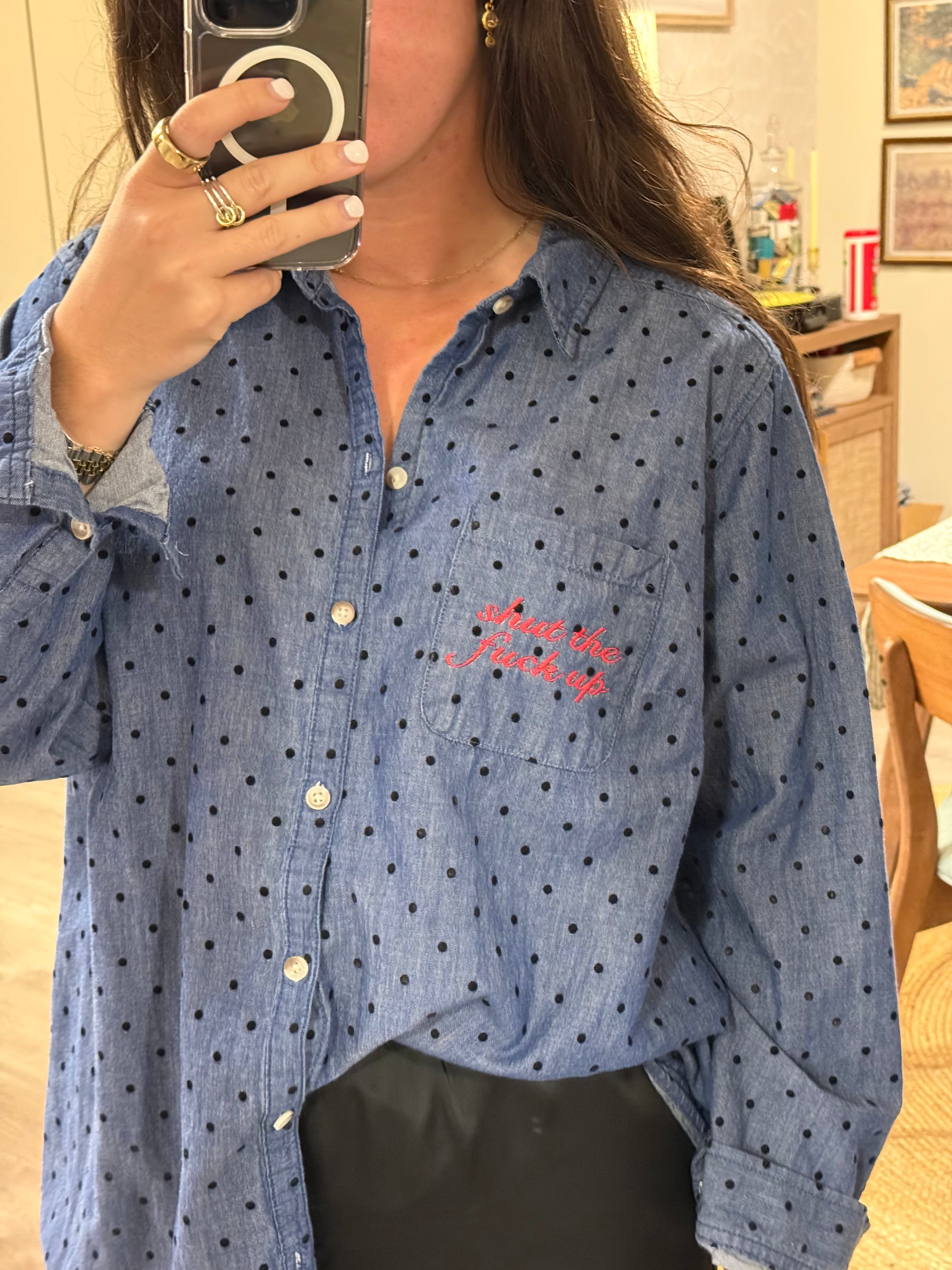 STFU Button Down - Denim & Red- Size 1X