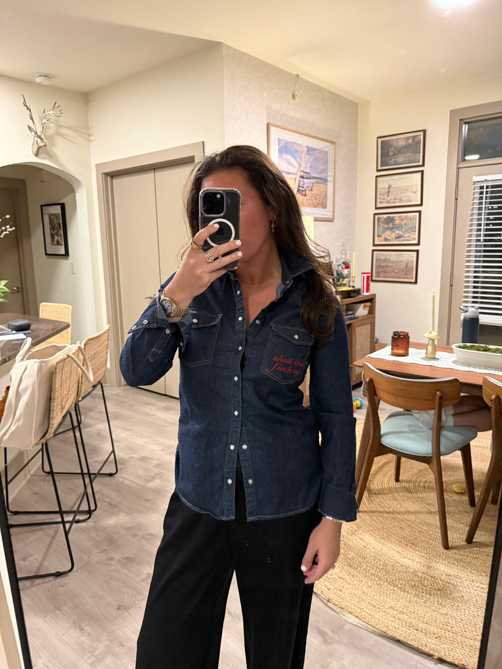 STFU Button Down - Denim & Red- Size S