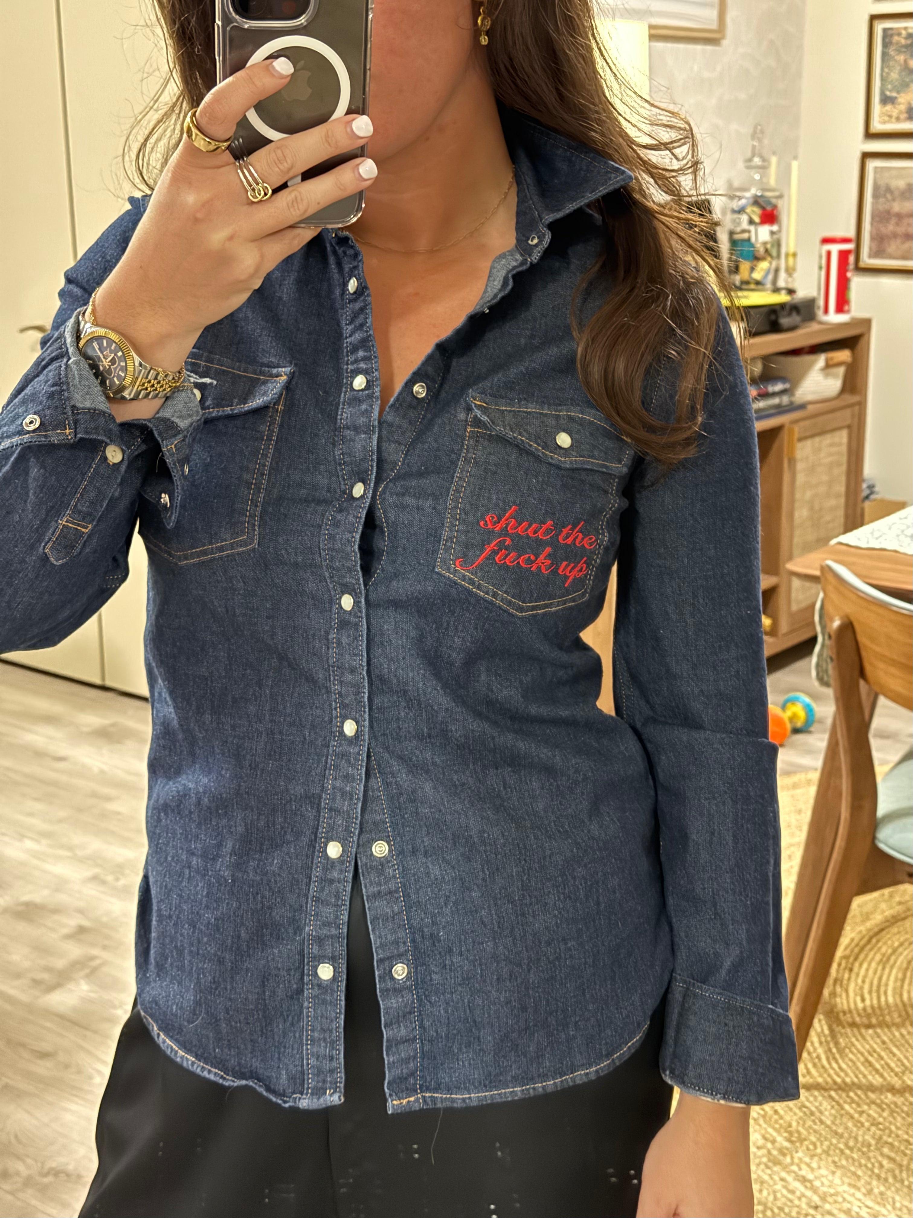 STFU Button Down - Denim & Red- Size S