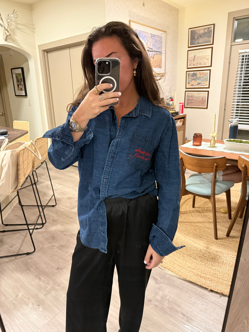 STFU Button Down - Denim & Red- Size M