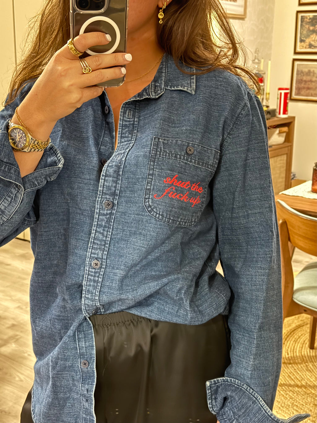 STFU Button Down - Denim & Red- Size M