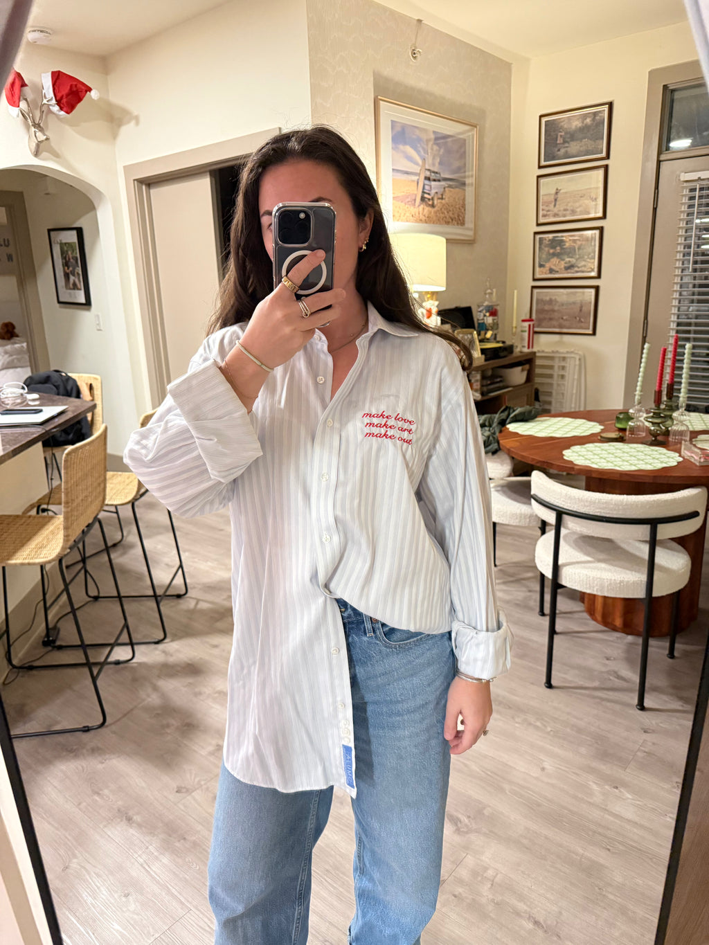 Make Love Button Down - Blue Stripe & Red