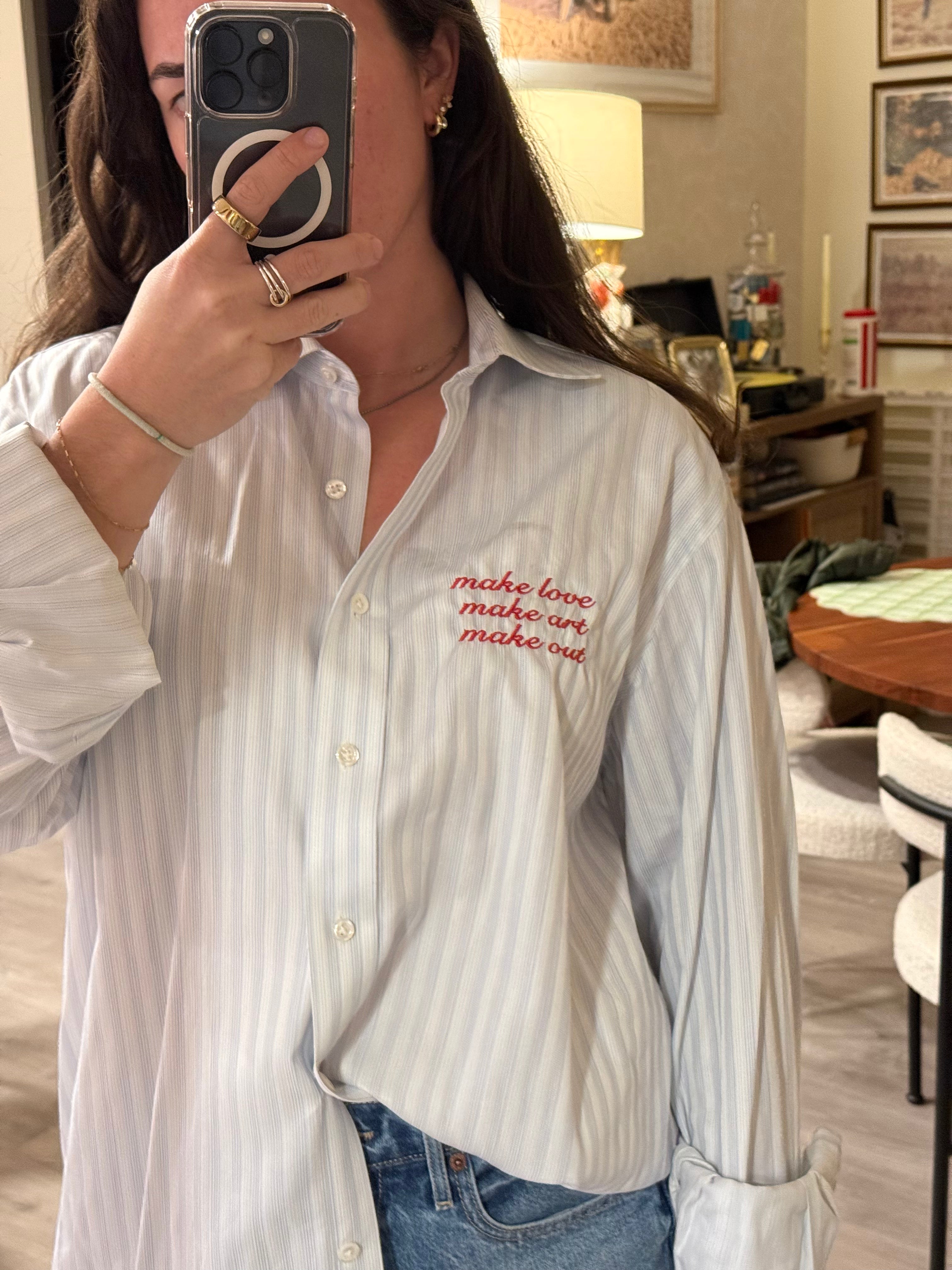 Make Love Button Down - Blue Stripe & Red