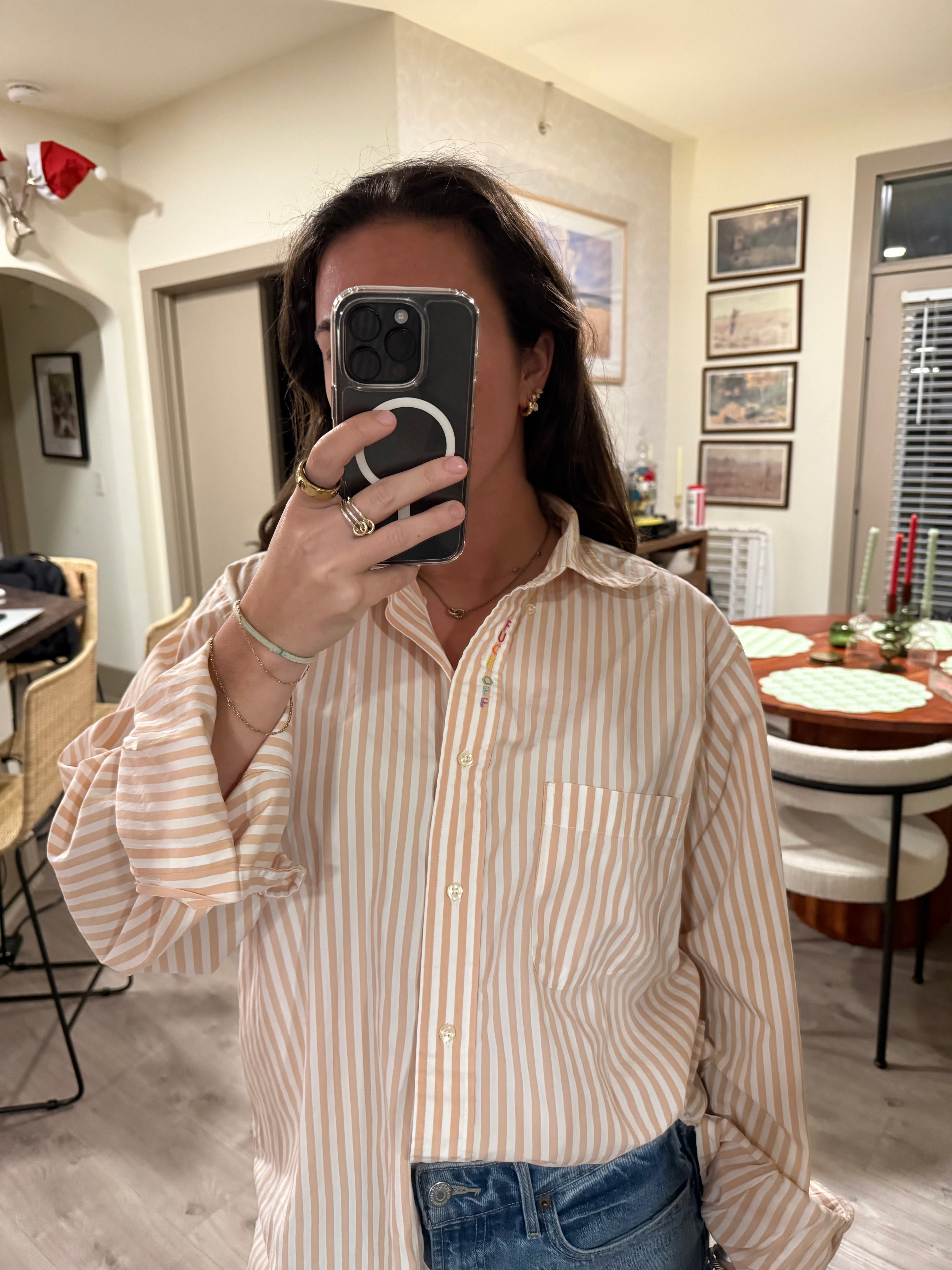 F Off Button Down - Orange Stripe & Rainbow