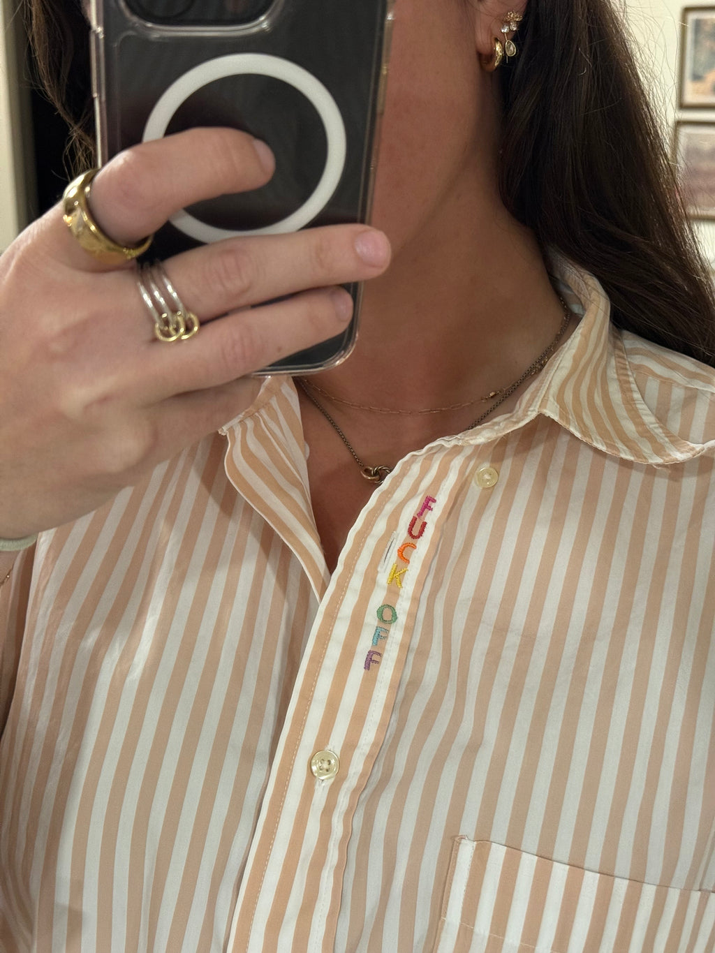 F Off Button Down - Orange Stripe & Rainbow