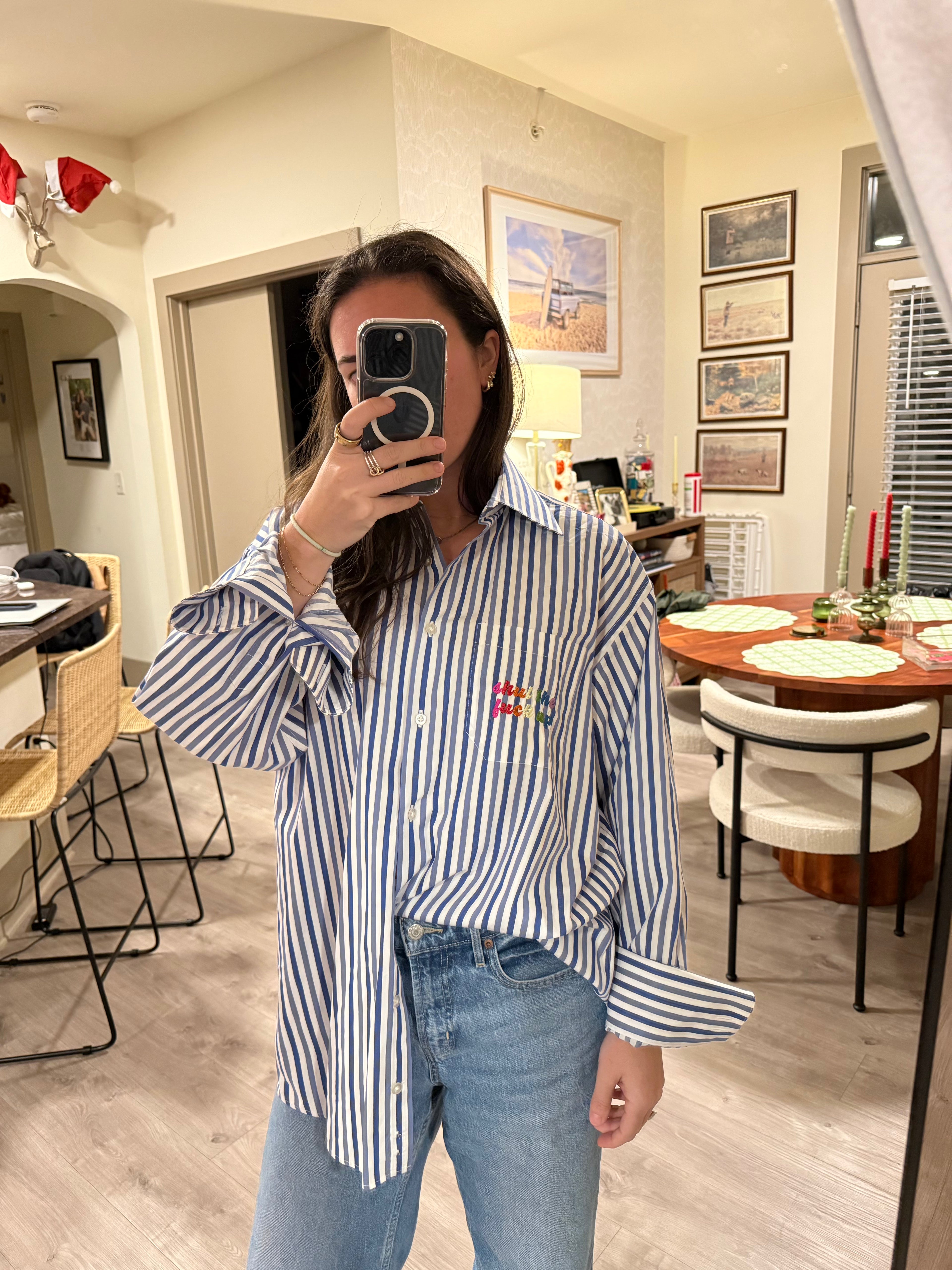F Off Button Down - Blue Stripe & Rainbow