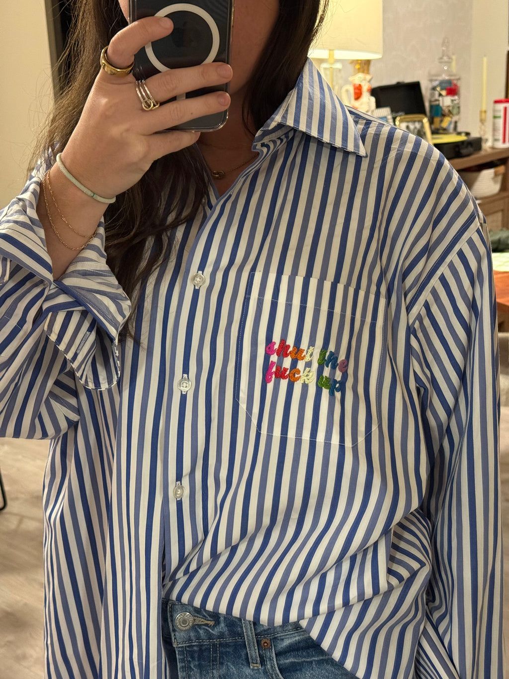 F Off Button Down - Blue Stripe & Rainbow