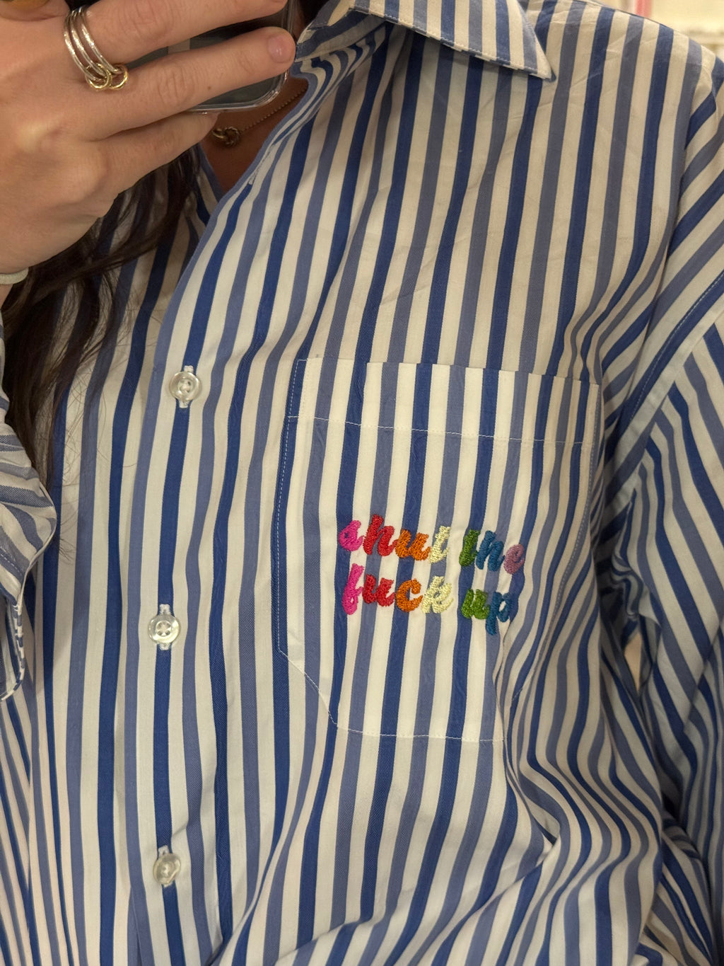 F Off Button Down - Blue Stripe & Rainbow