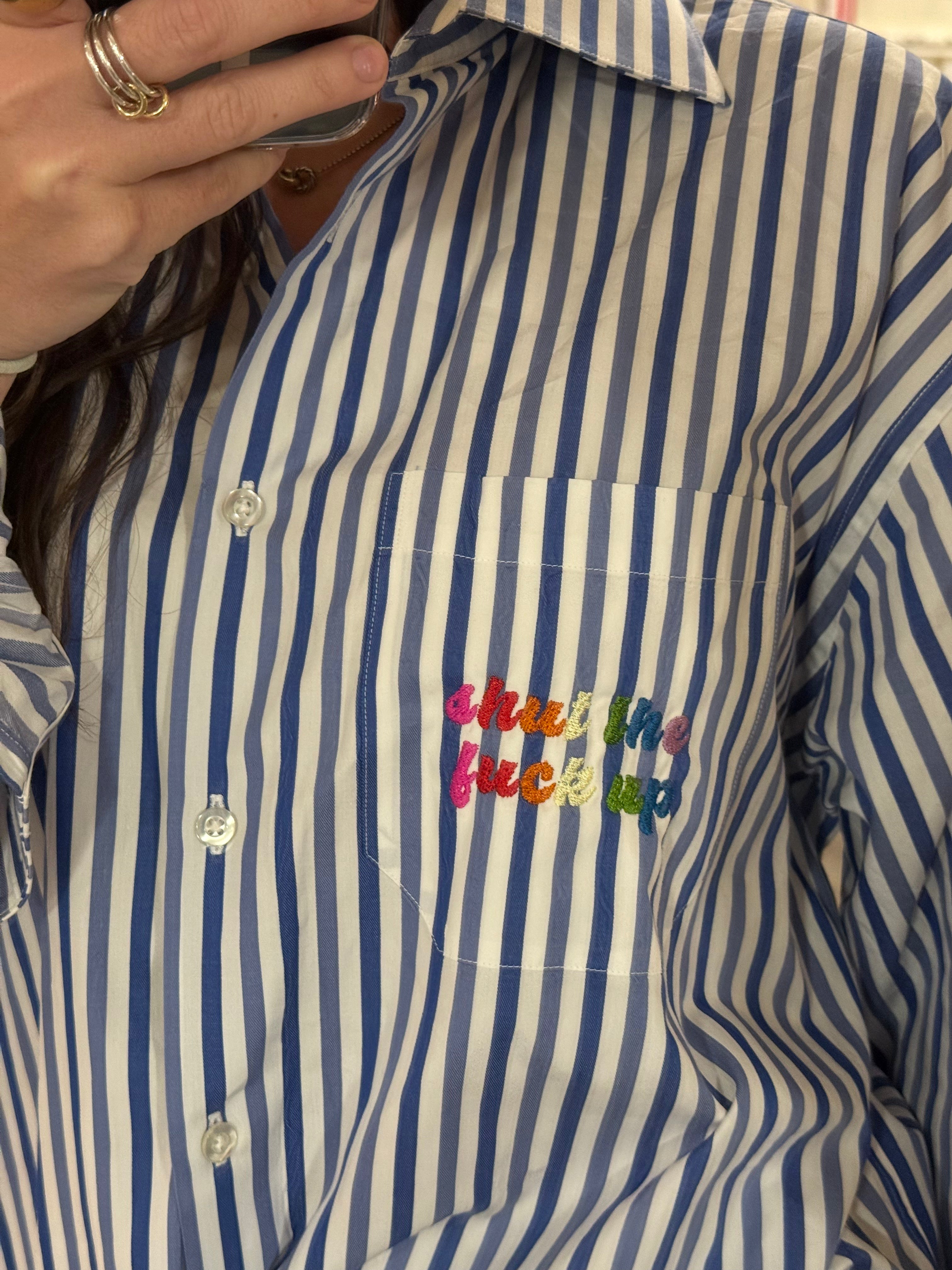F Off Button Down - Blue Stripe & Rainbow