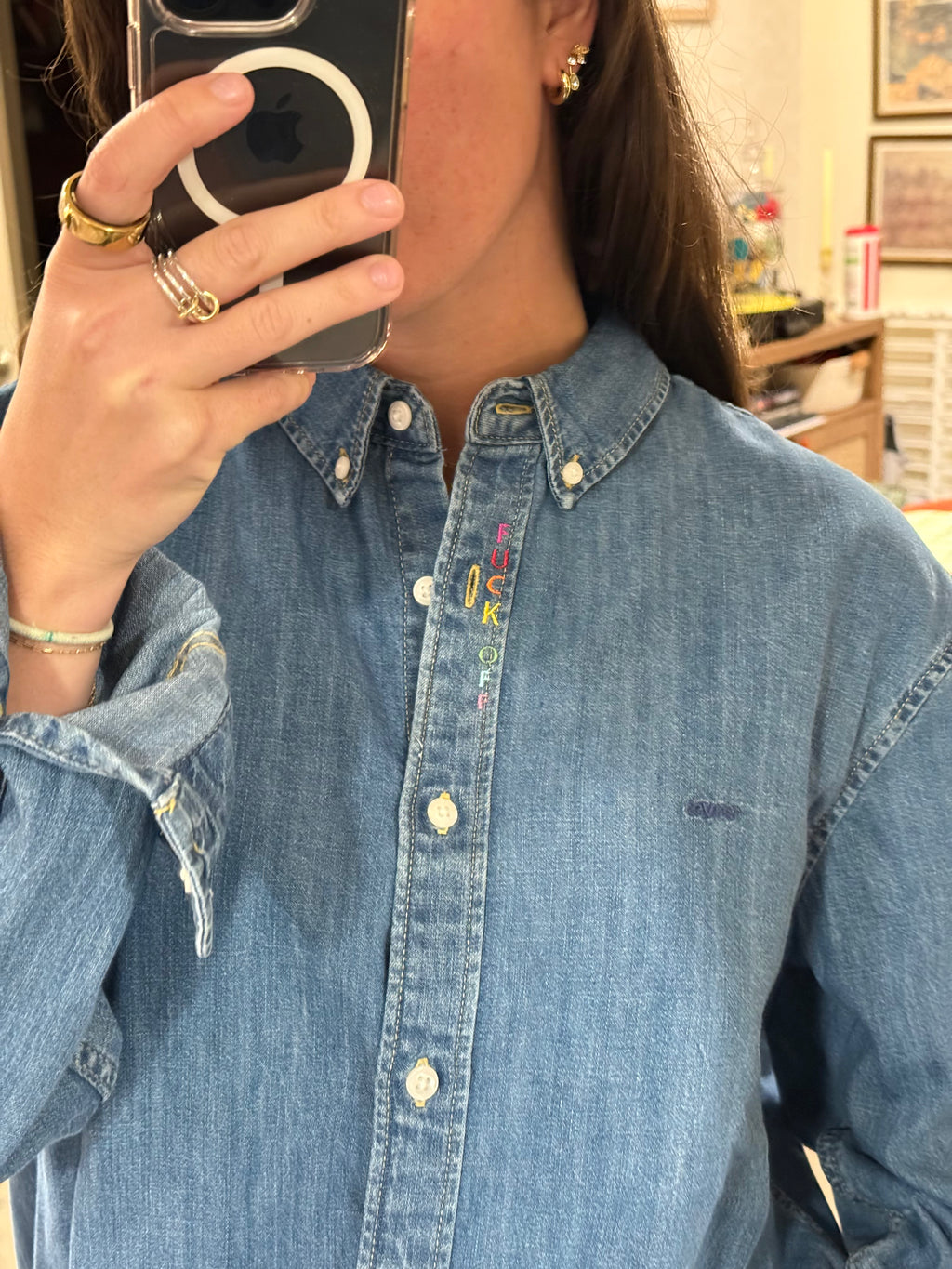 F Off Button Down - Denim & Rainbow