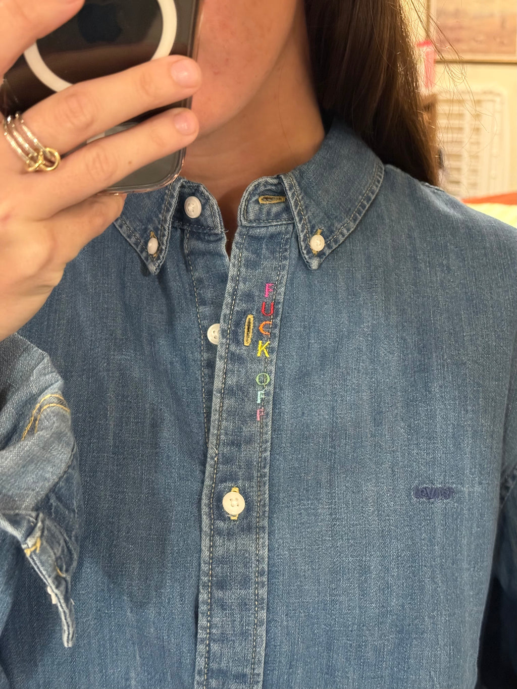 F Off Button Down - Denim & Rainbow