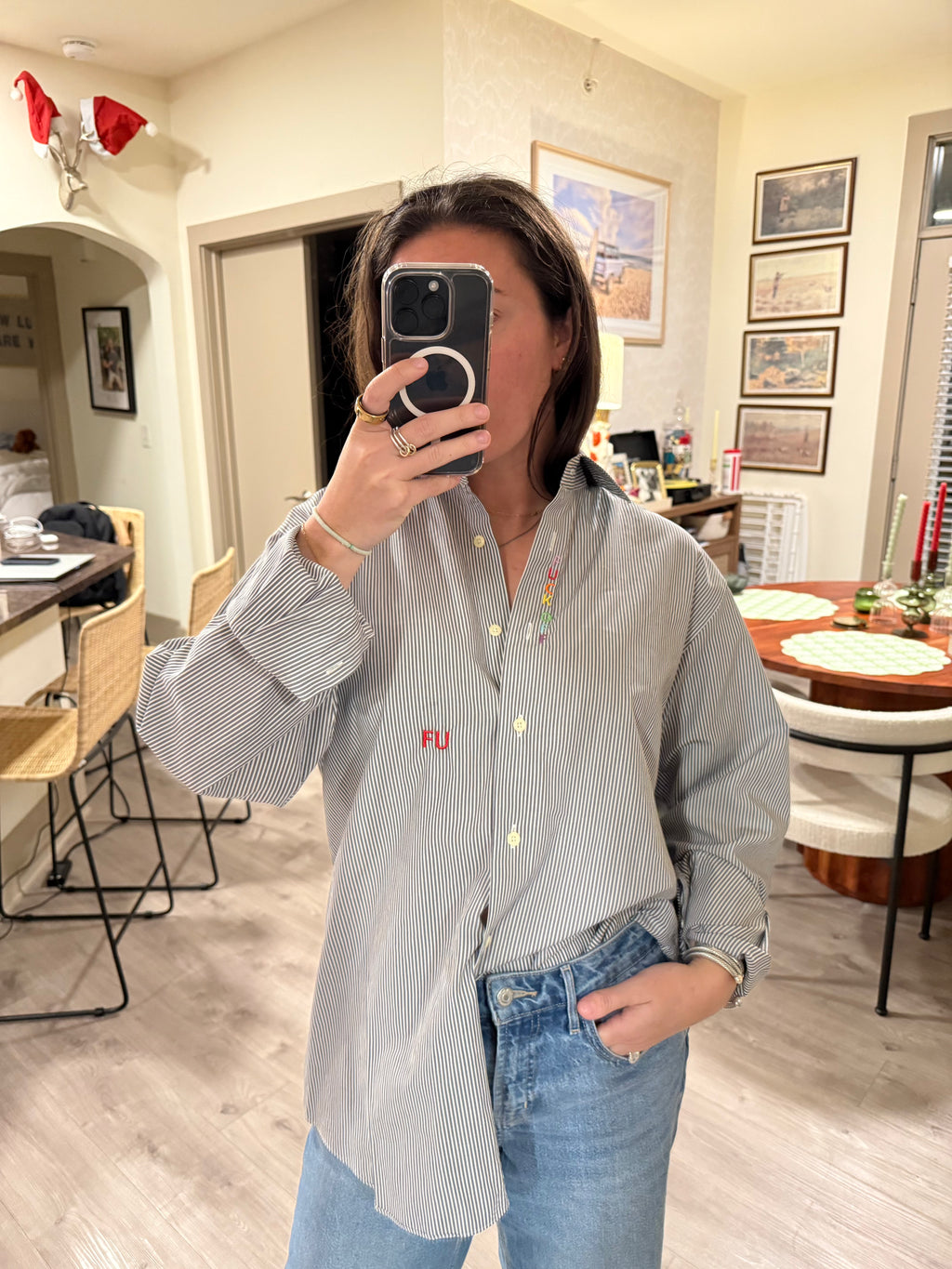 F Off Button Down - Gray Stripe & Rainbow