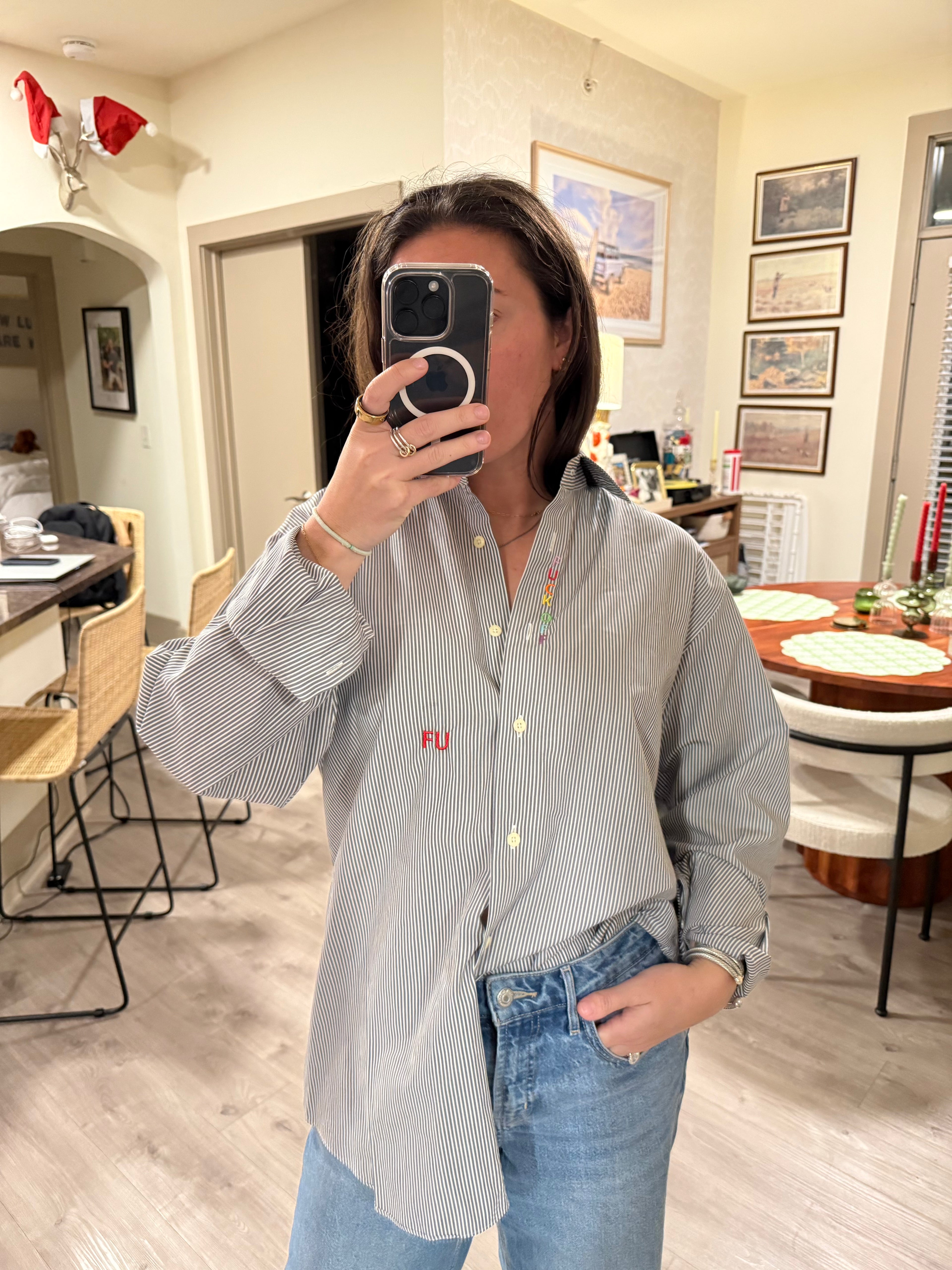 F Off Button Down - Gray Stripe & Rainbow