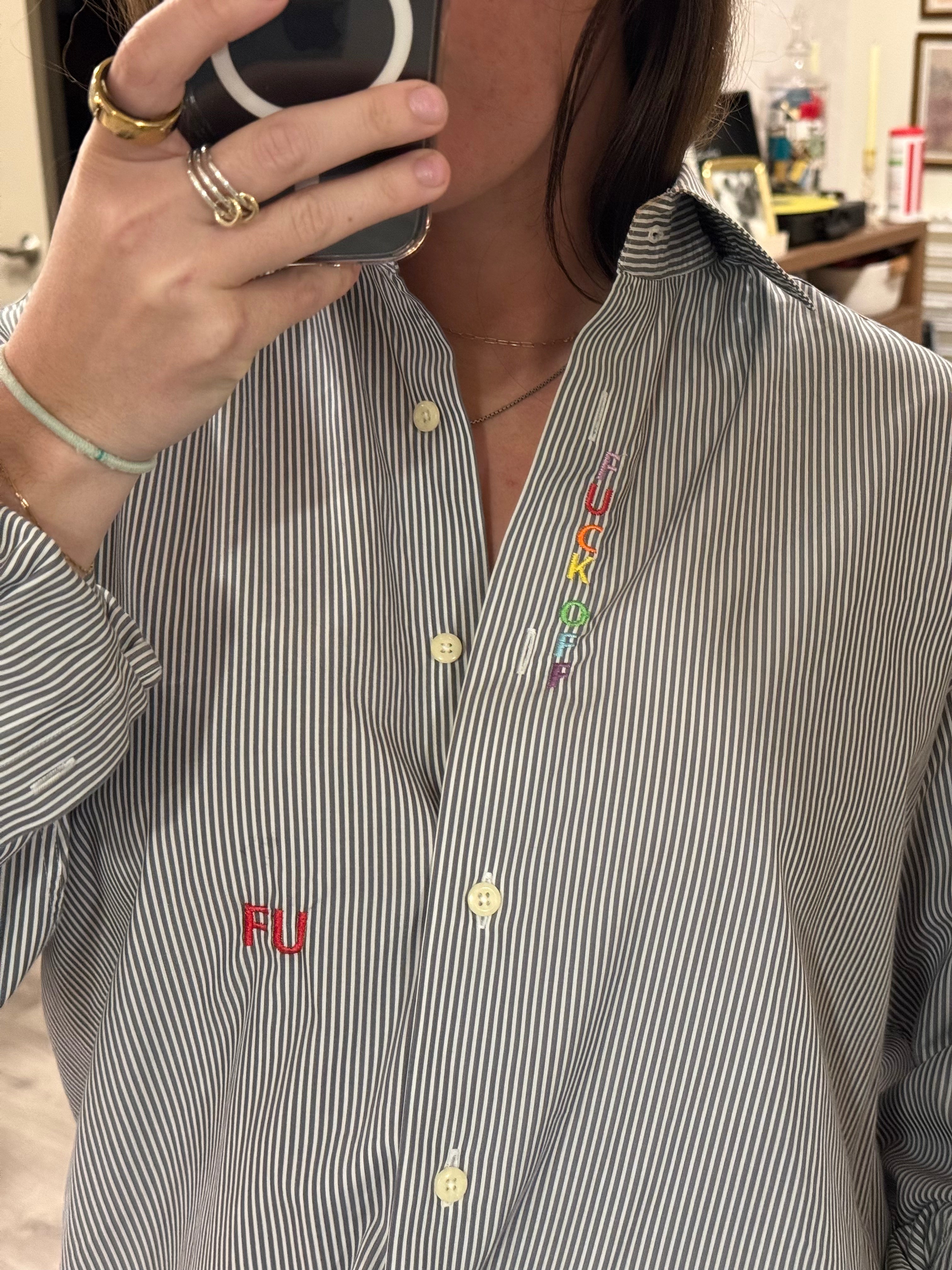 F Off Button Down - Gray Stripe & Rainbow