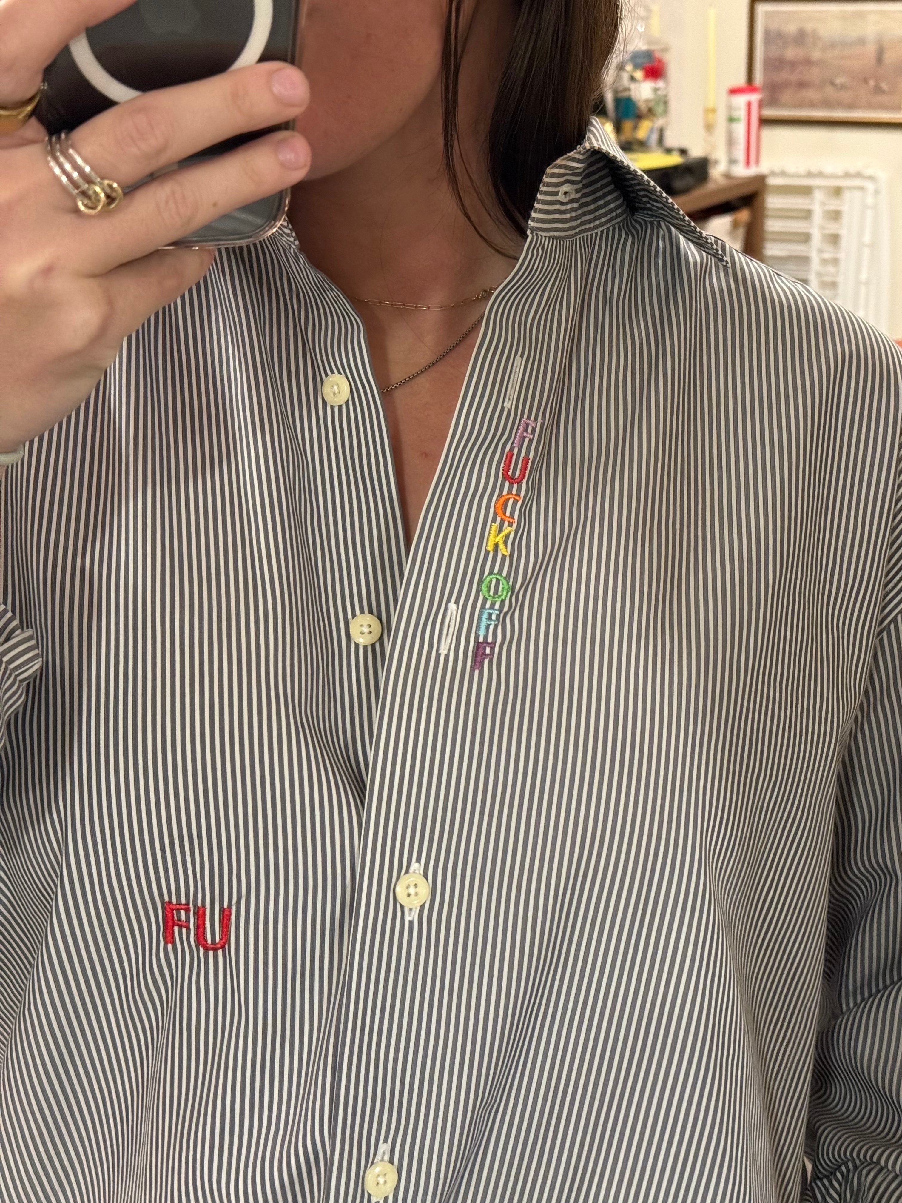 F Off Button Down - Gray Stripe & Rainbow