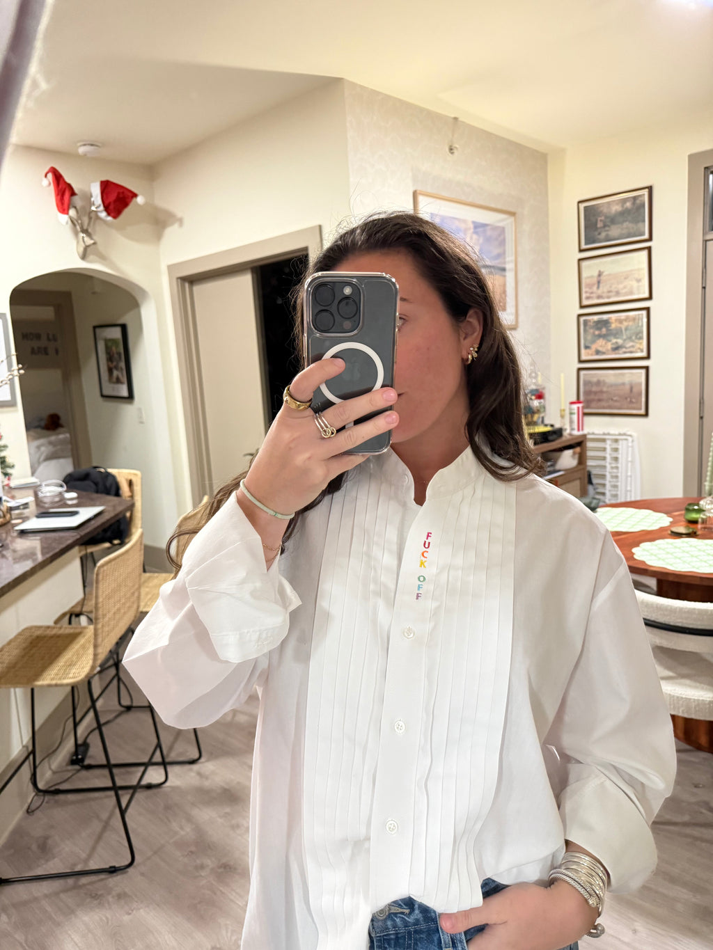 F Off Button Down - White & Rainbow