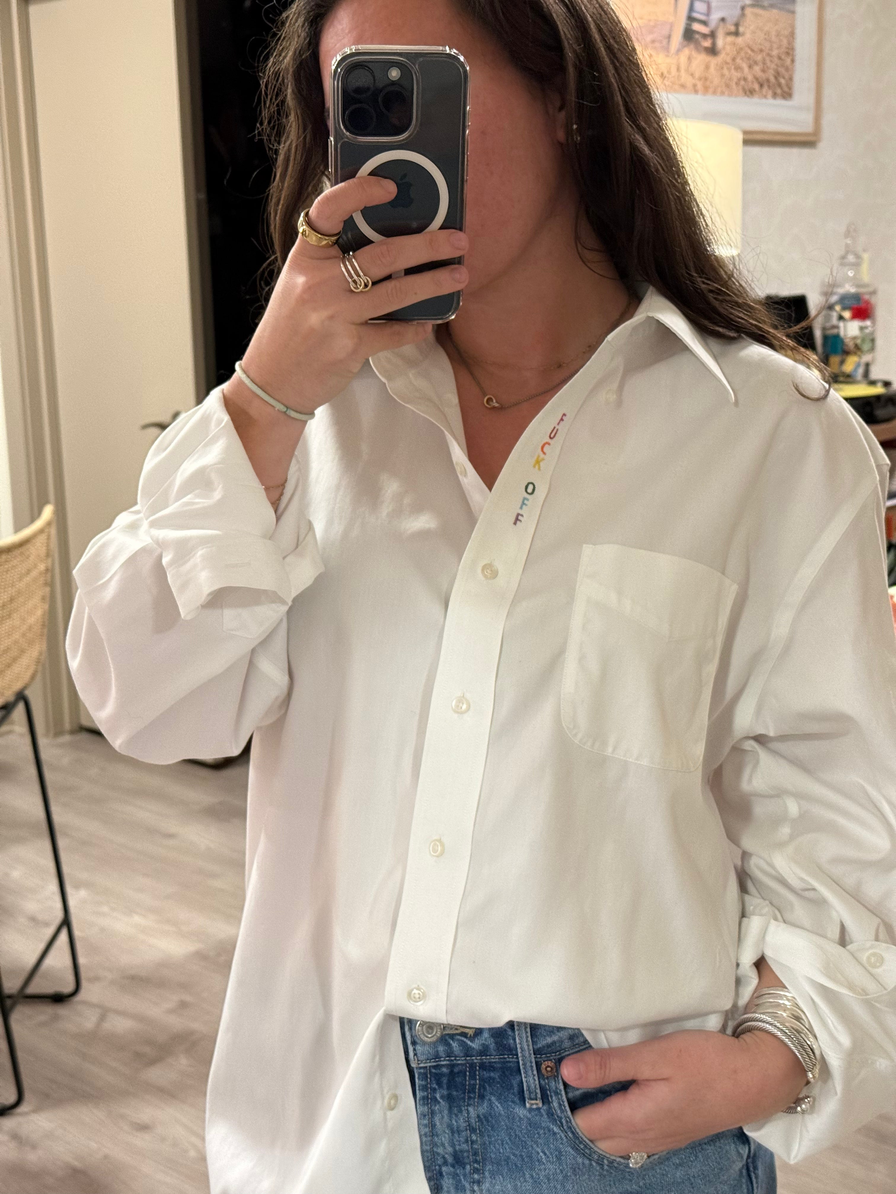 F Off Button Down - White & Rainbow