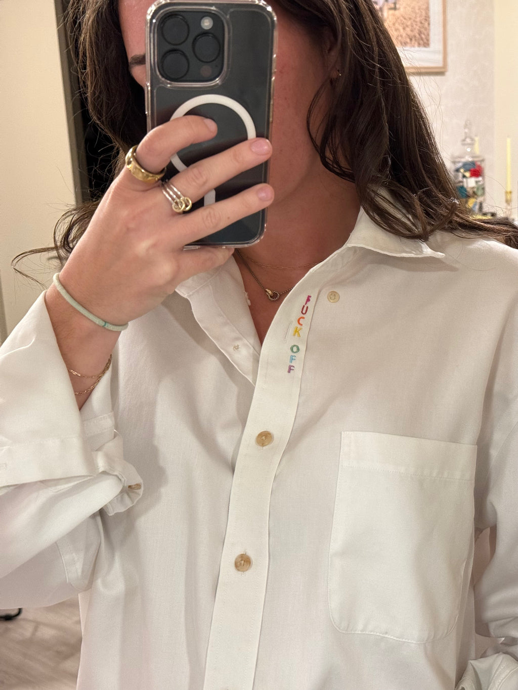 F Off Button Down - White & Rainbow