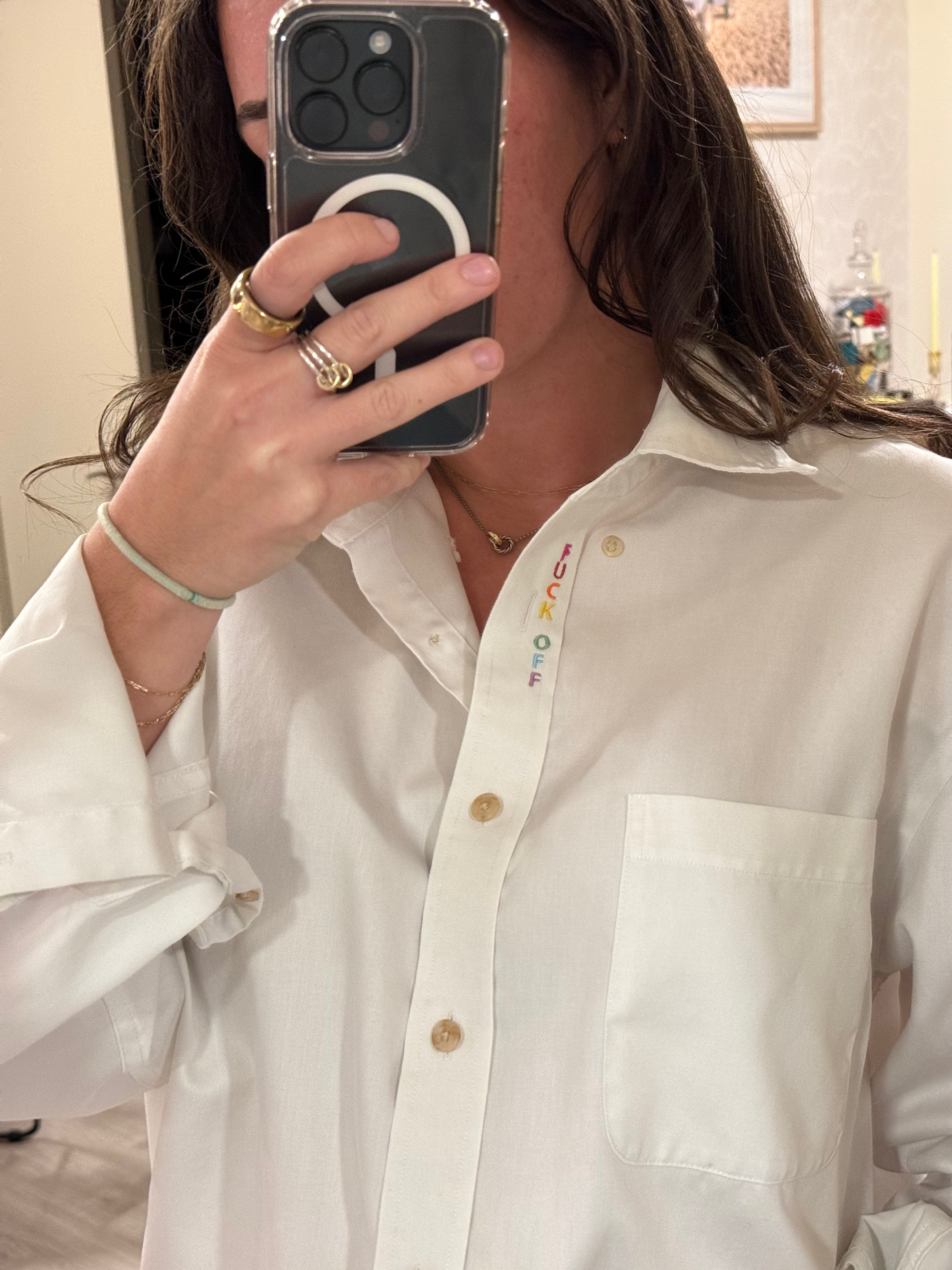 F Off Button Down - White & Rainbow