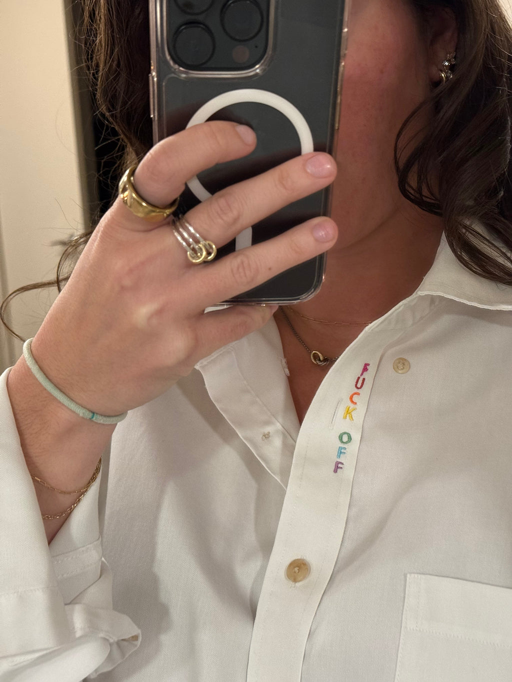 F Off Button Down - White & Rainbow