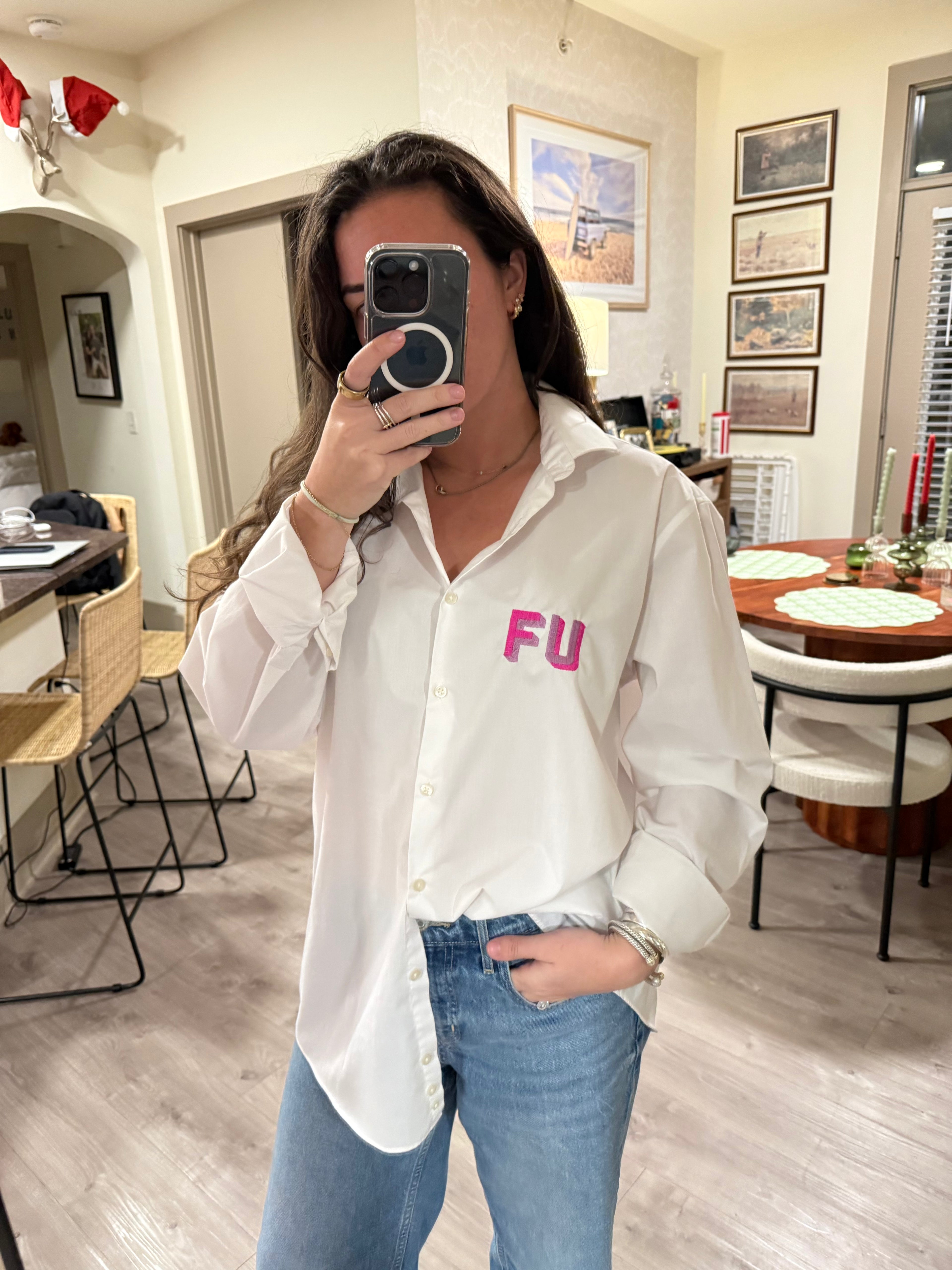 FU Button Down - White & Pink/Purple