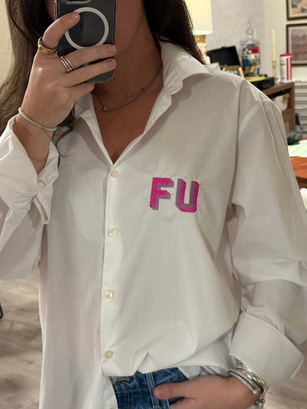 FU Button Down - White & Pink/Purple