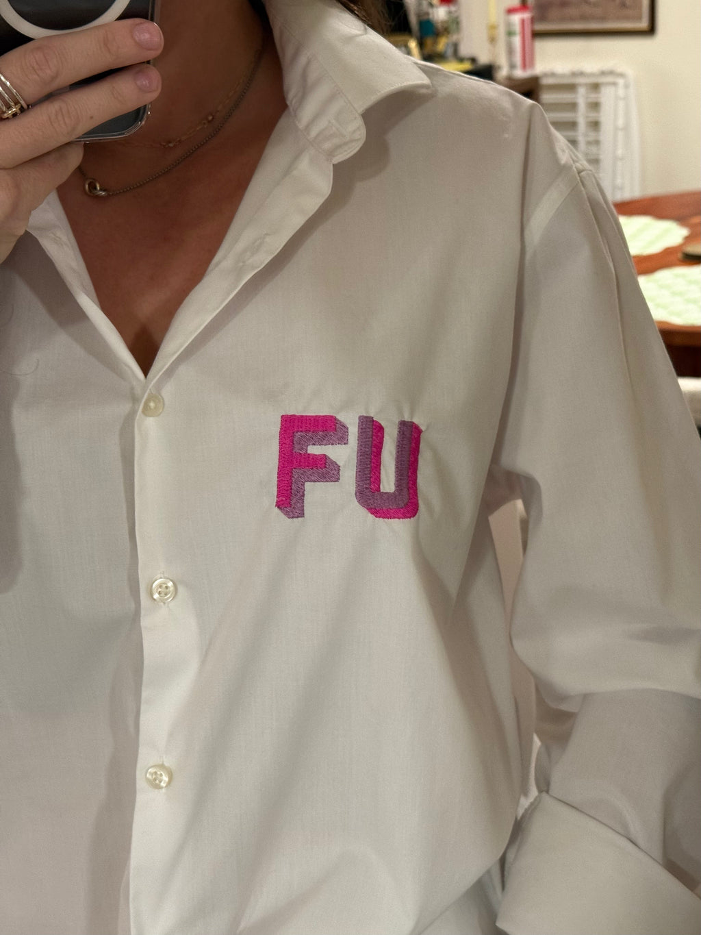 FU Button Down - White & Pink/Purple