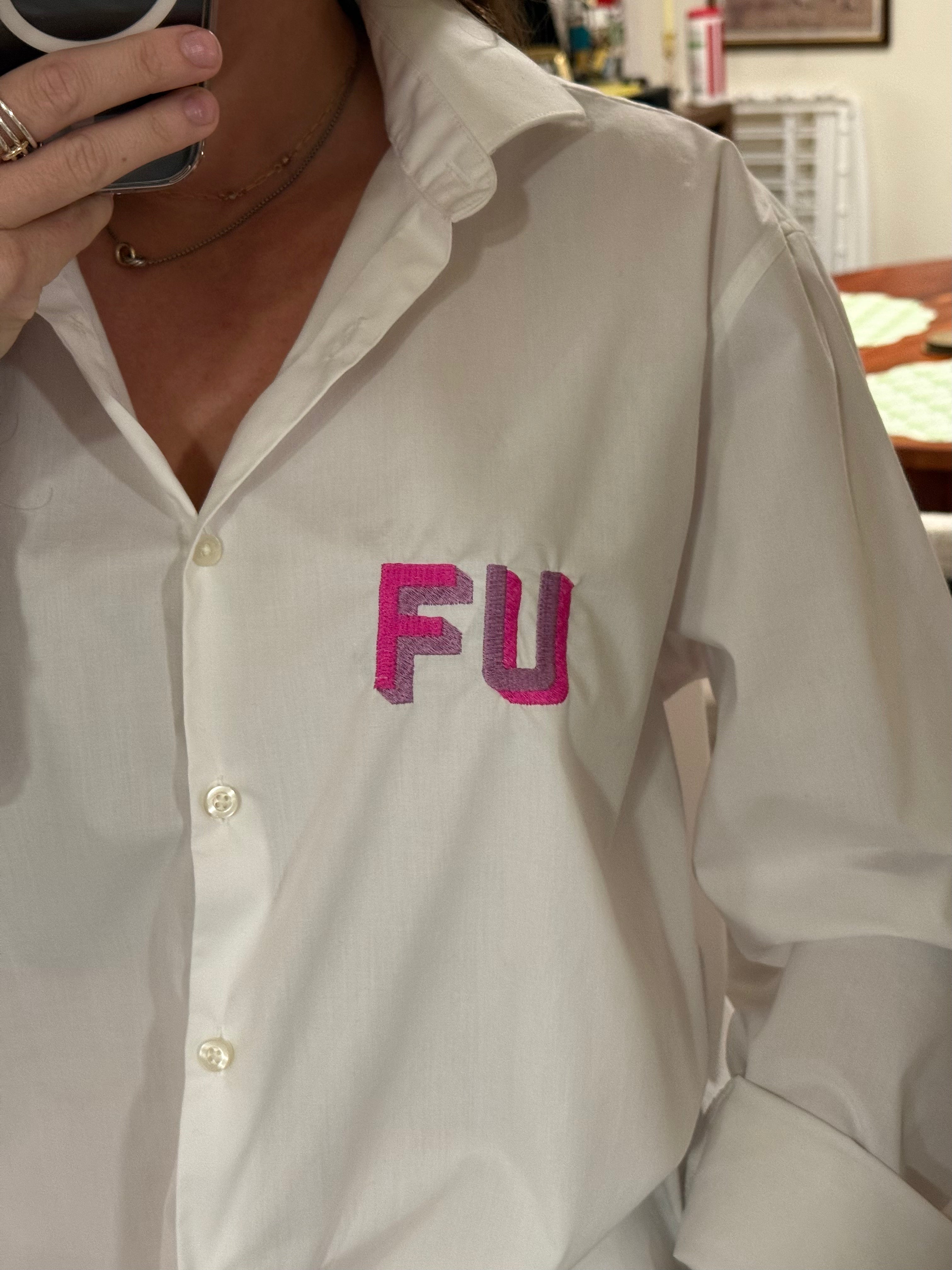 FU Button Down - White & Pink/Purple
