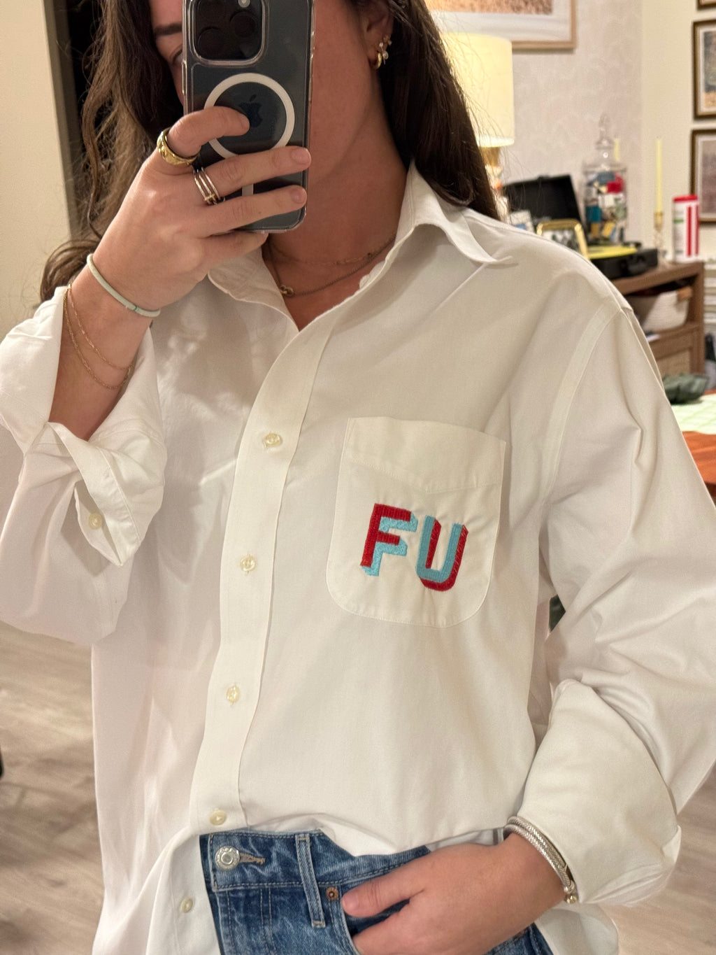 FU Button Down - White & Red/Blue