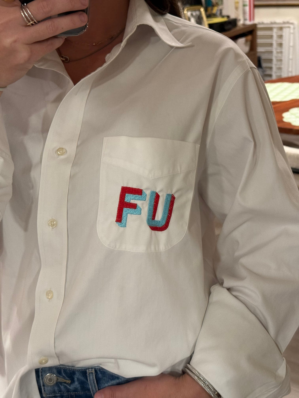 FU Button Down - White & Red/Blue
