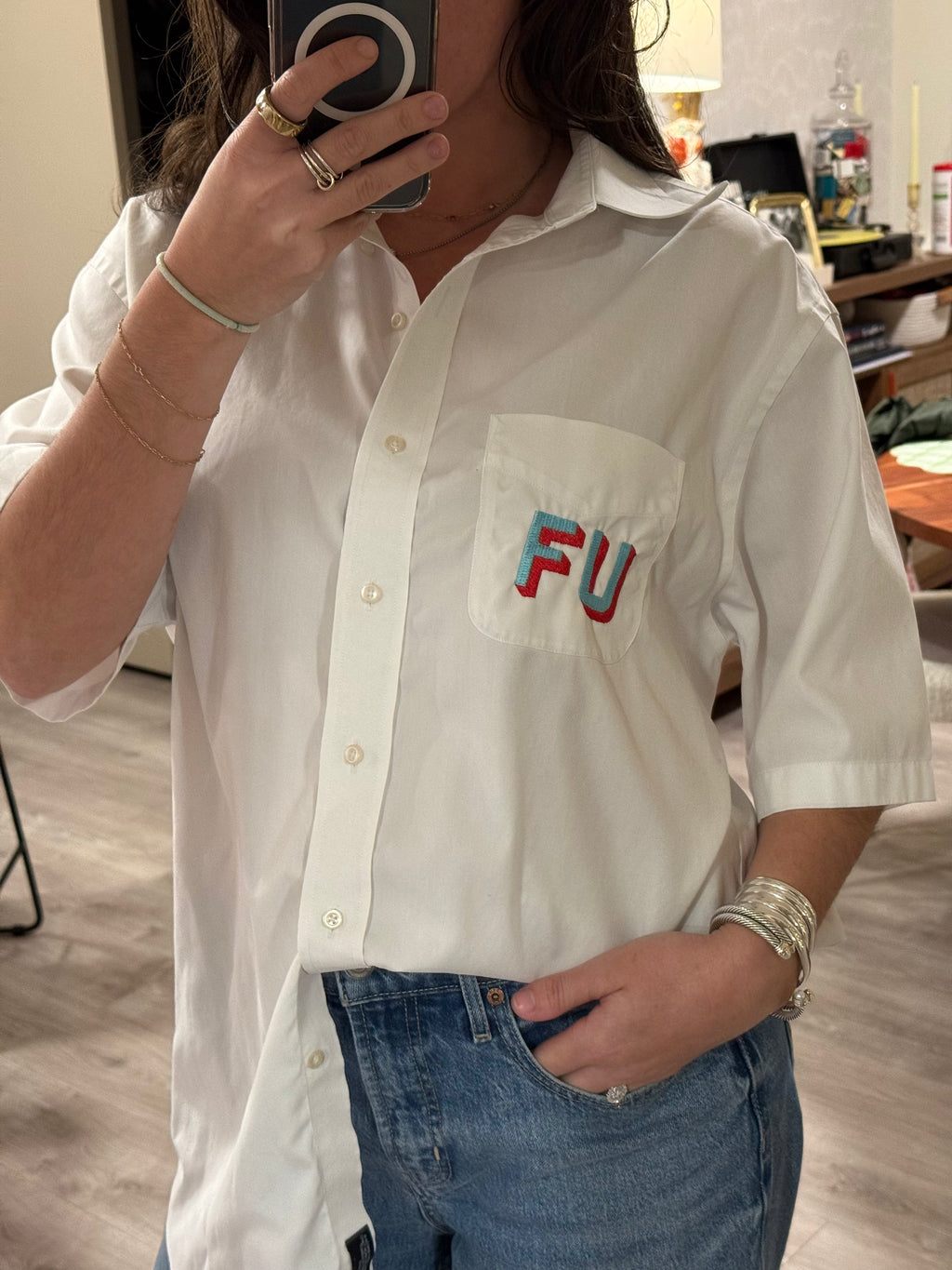 FU Button Down - White & Red/Blue