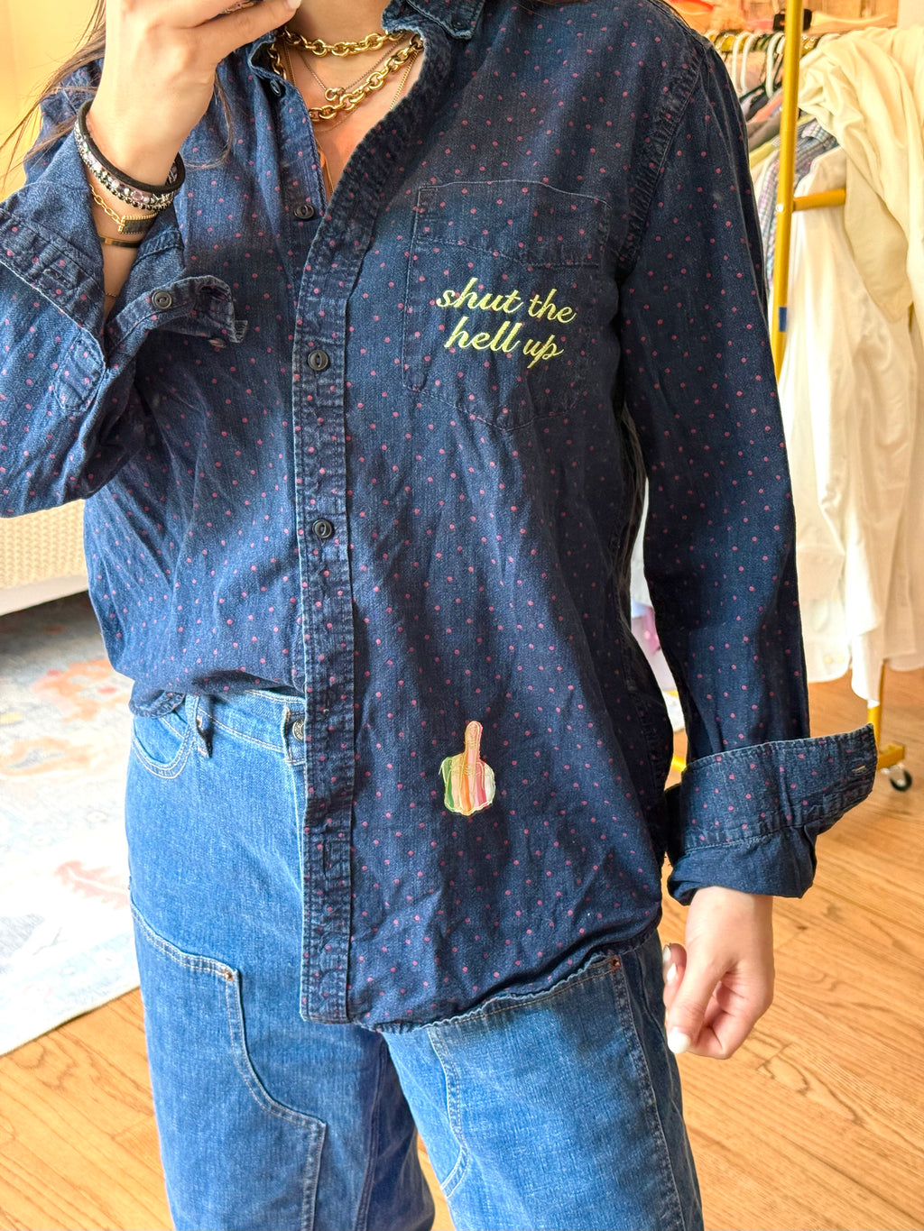 Shut The Hell Up Denim Button Down - Size S